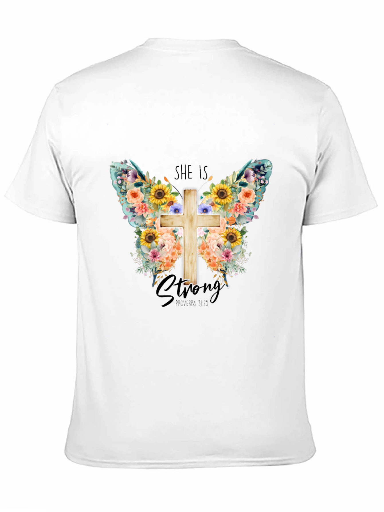 She is Strong Floral Butterfly Cross T-Shirt
