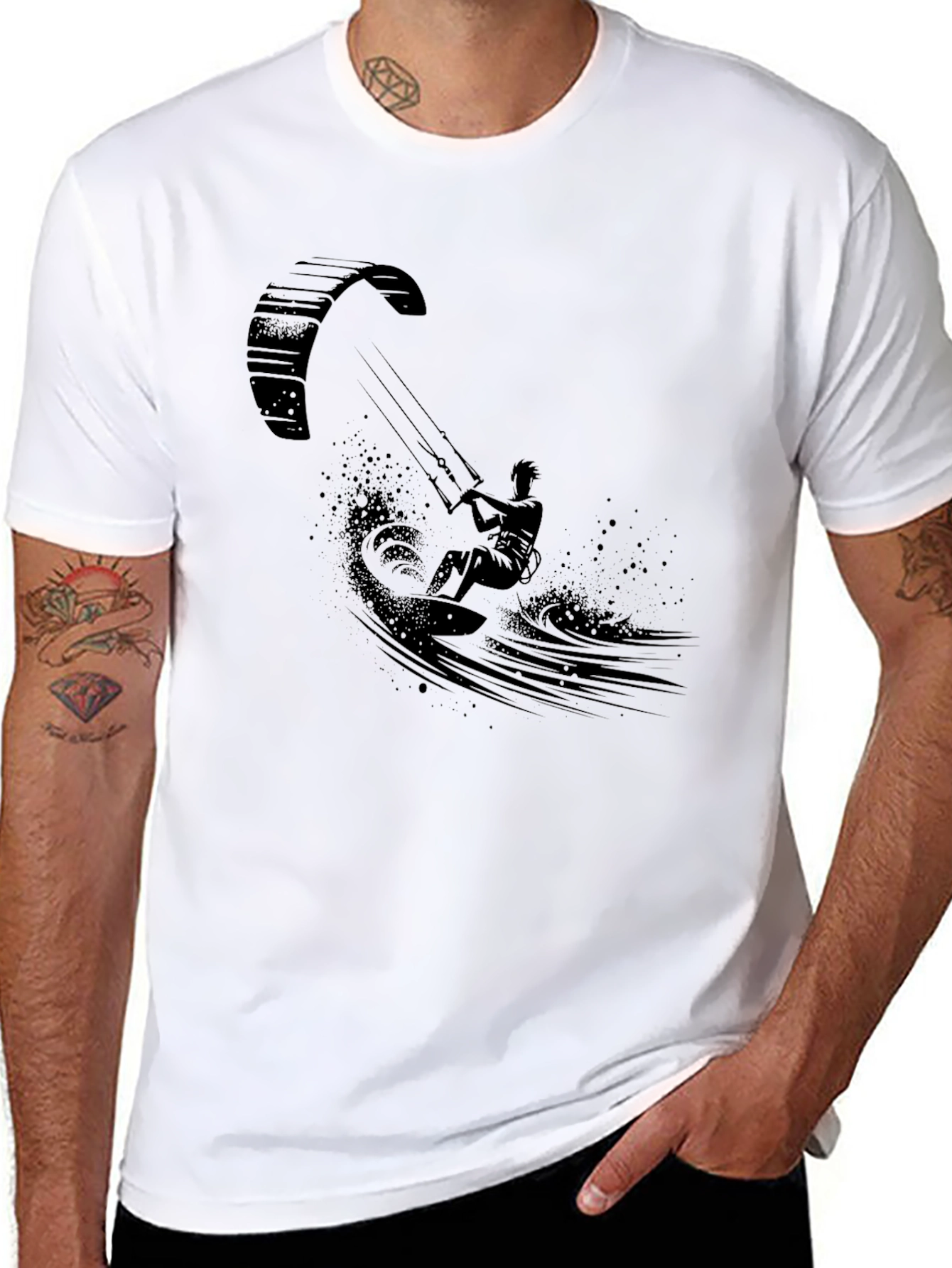 Kite Surfing Graphic Tee - Black Cotton T-Shirt