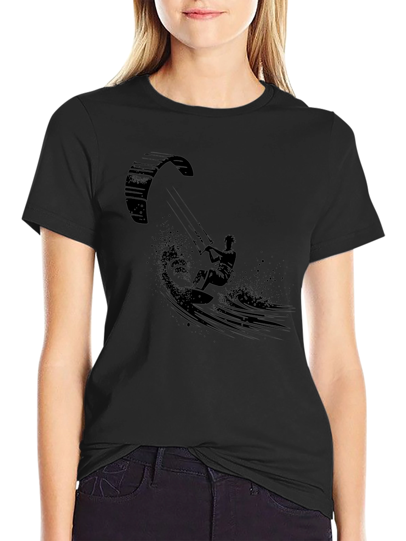 Kite Surfing Graphic Tee - Black Cotton T-Shirt