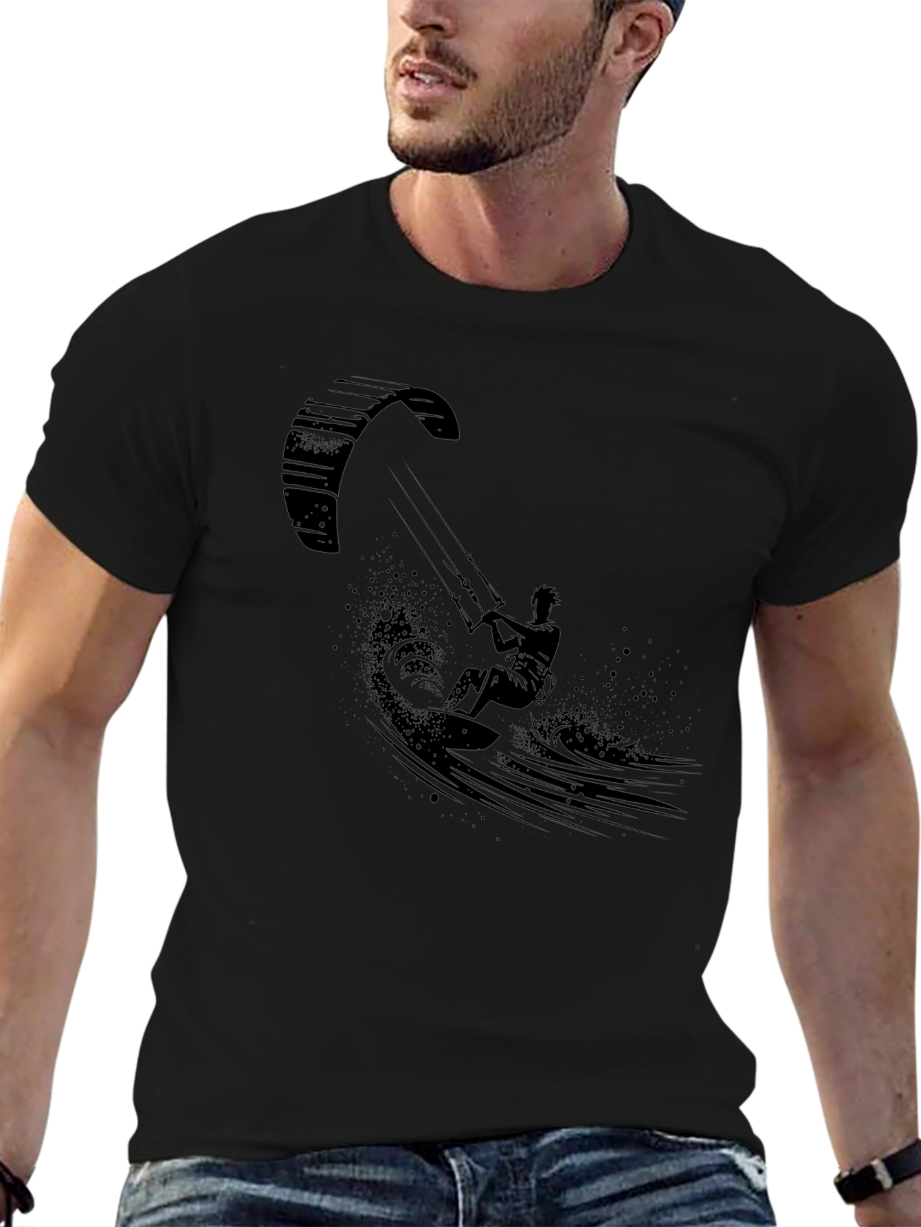 Kite Surfing Graphic Tee - Black Cotton T-Shirt