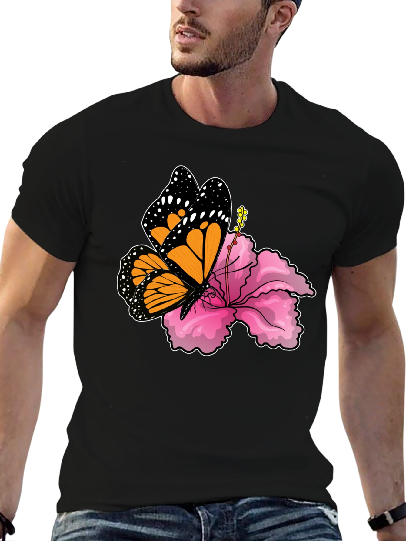 Butterfly Hibiscus Graphic Tee - Mens Black T-Shirt