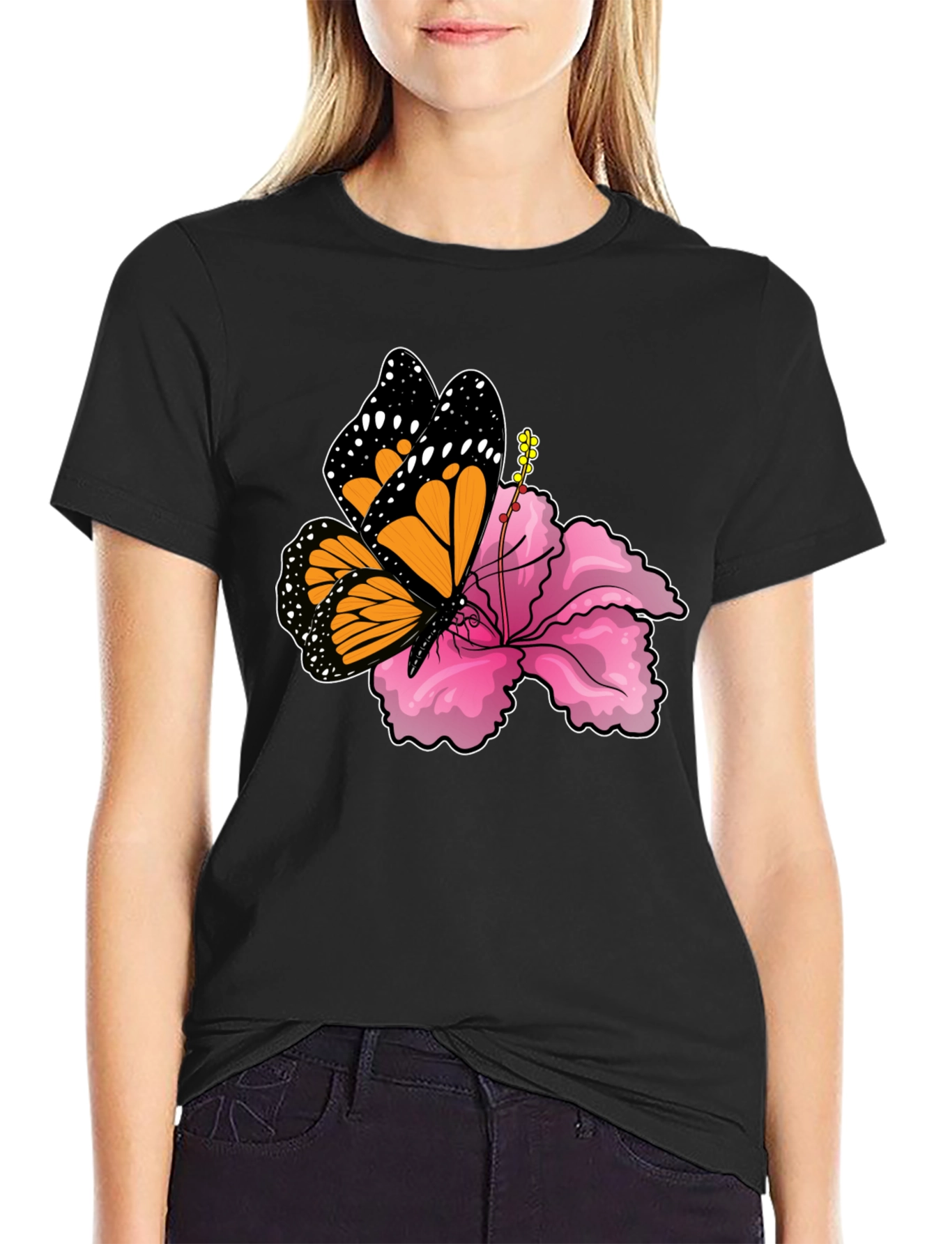Butterfly Hibiscus Graphic Tee - Mens Black T-Shirt