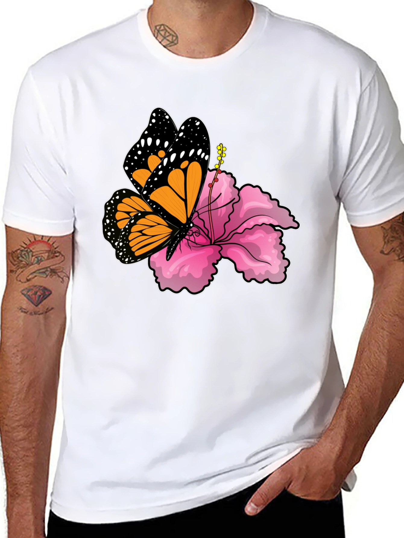 Butterfly Hibiscus Graphic Tee - Mens Black T-Shirt