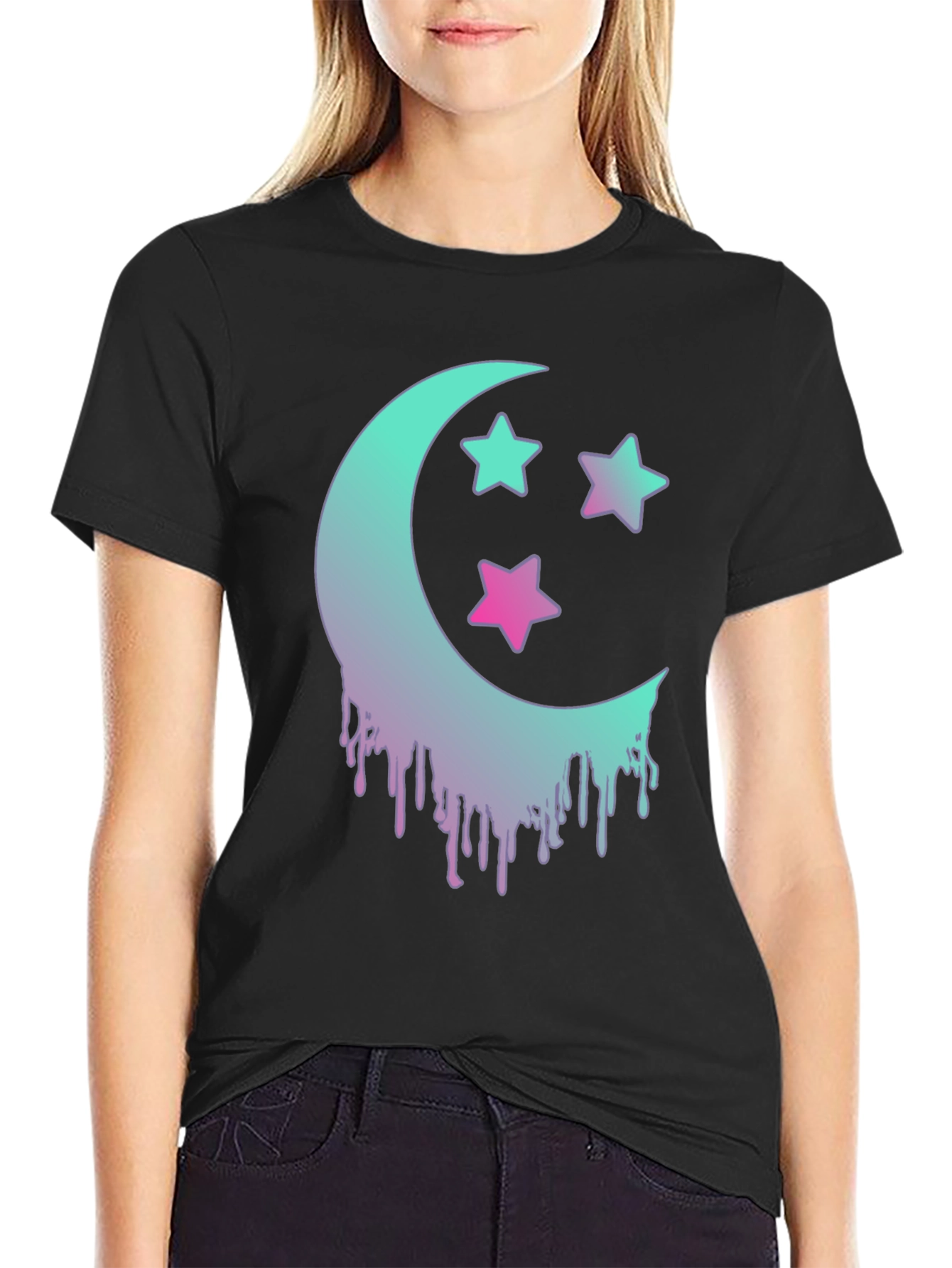 Moon & Stars Graphic Tee - Trendy Black T-Shirt