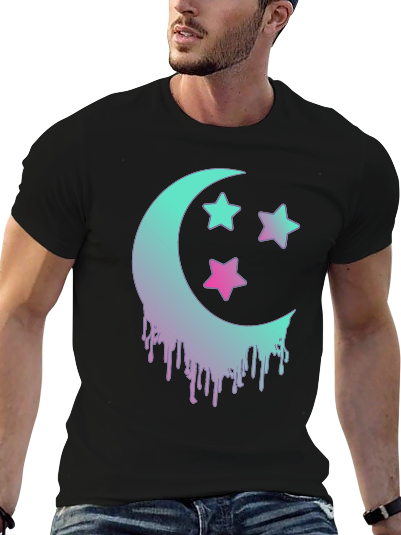 Moon & Stars Graphic Tee - Trendy Black T-Shirt