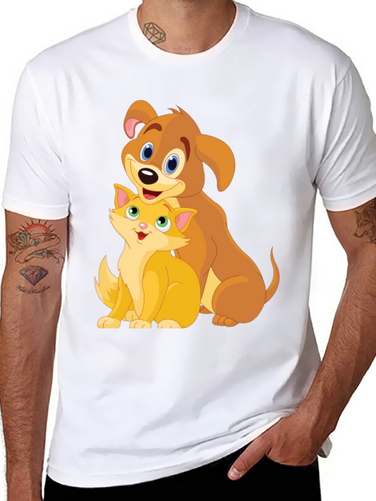 Cartoon Dog & Cat Graphic Tee - Unisex Black T-Shirt