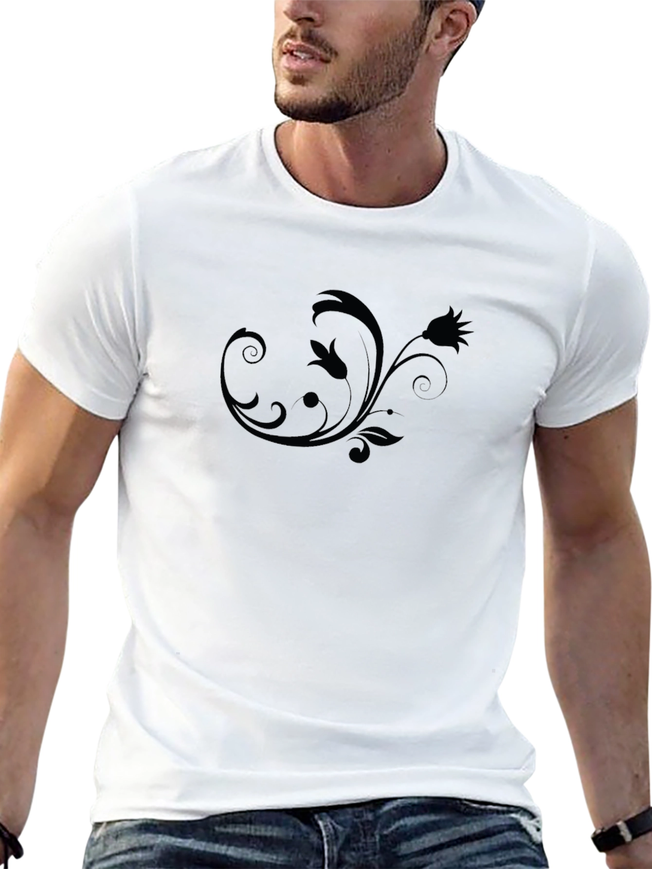 Mens Black Floral Swirl Crew Neck T-Shirt