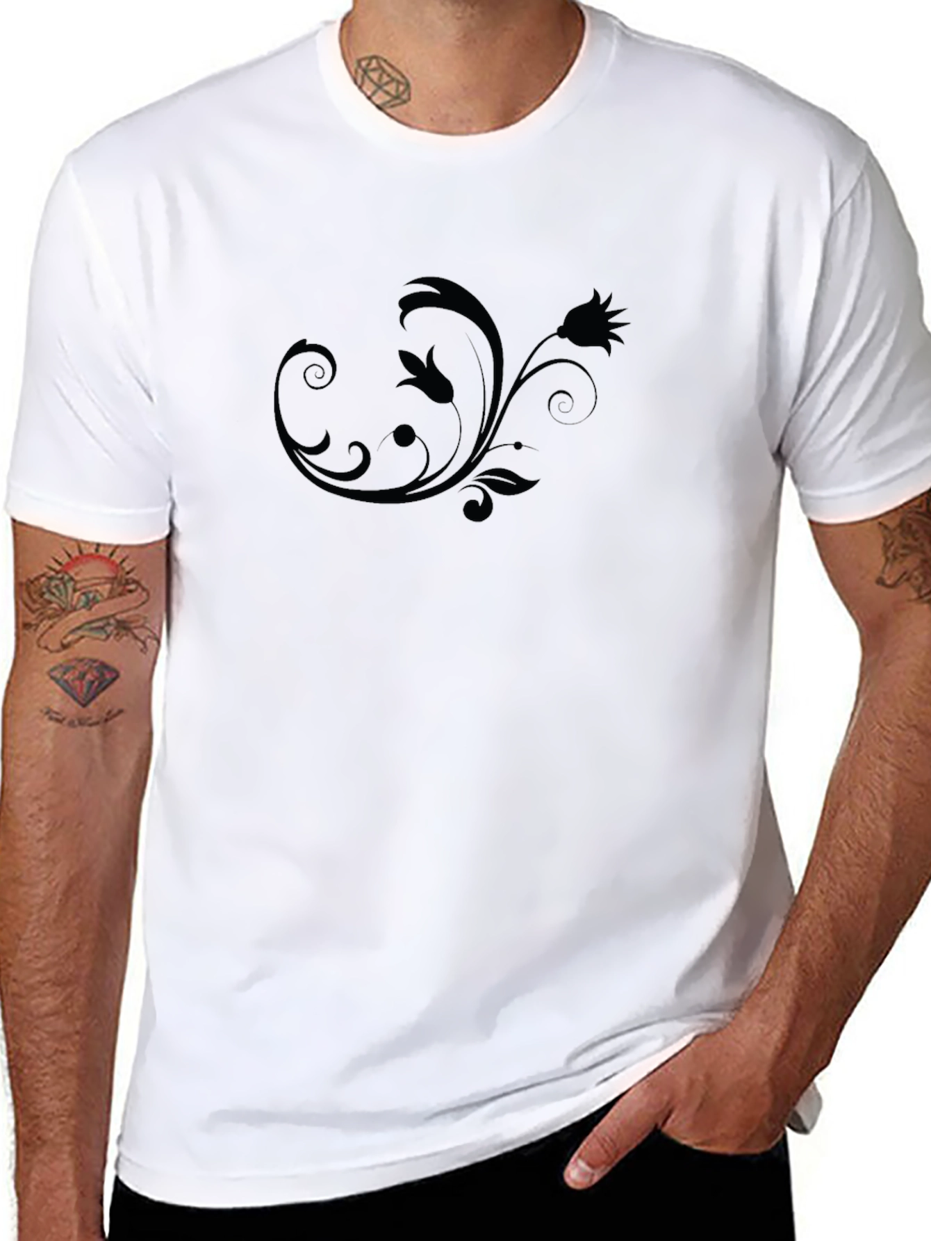 Mens Black Floral Swirl Crew Neck T-Shirt