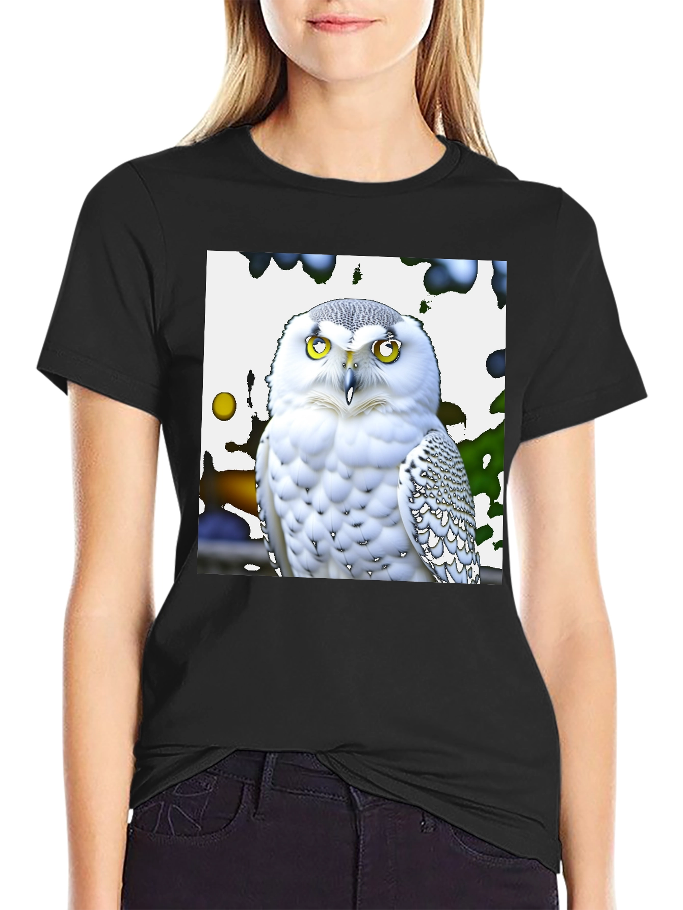 Snowy Owl Graphic Tee - Black Cotton Blend