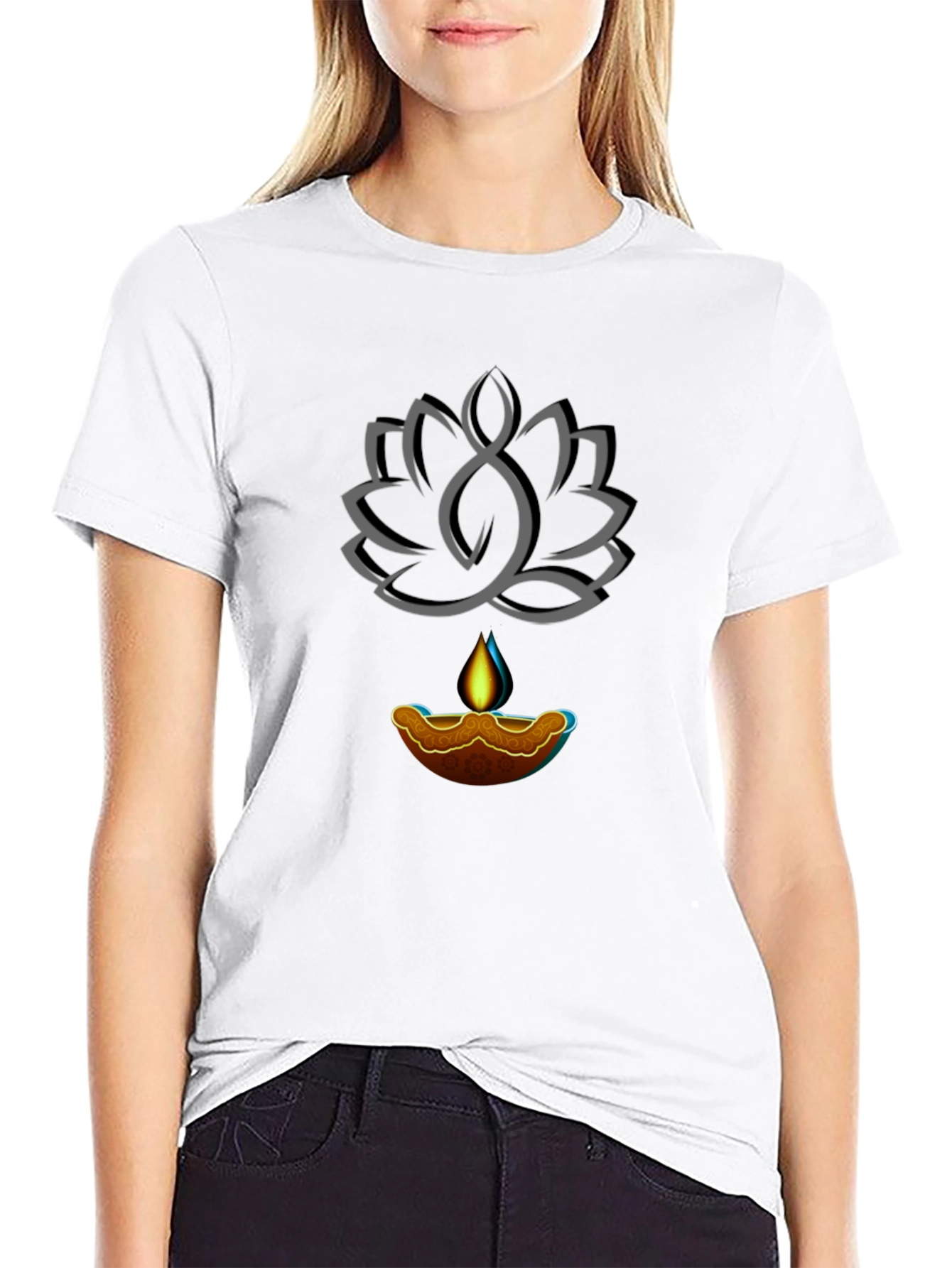 Lotus and Lamp Graphic Black T-Shirt