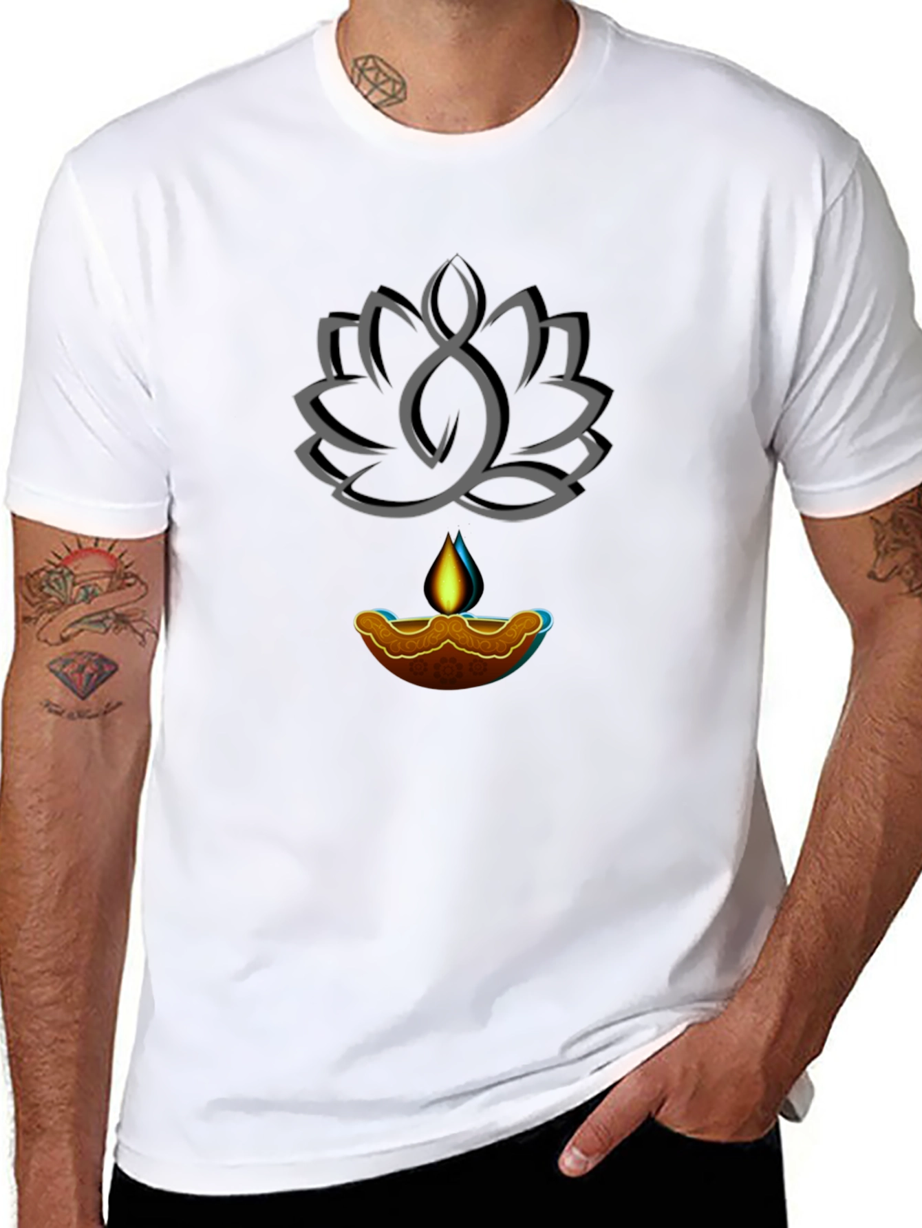Lotus and Lamp Graphic Black T-Shirt