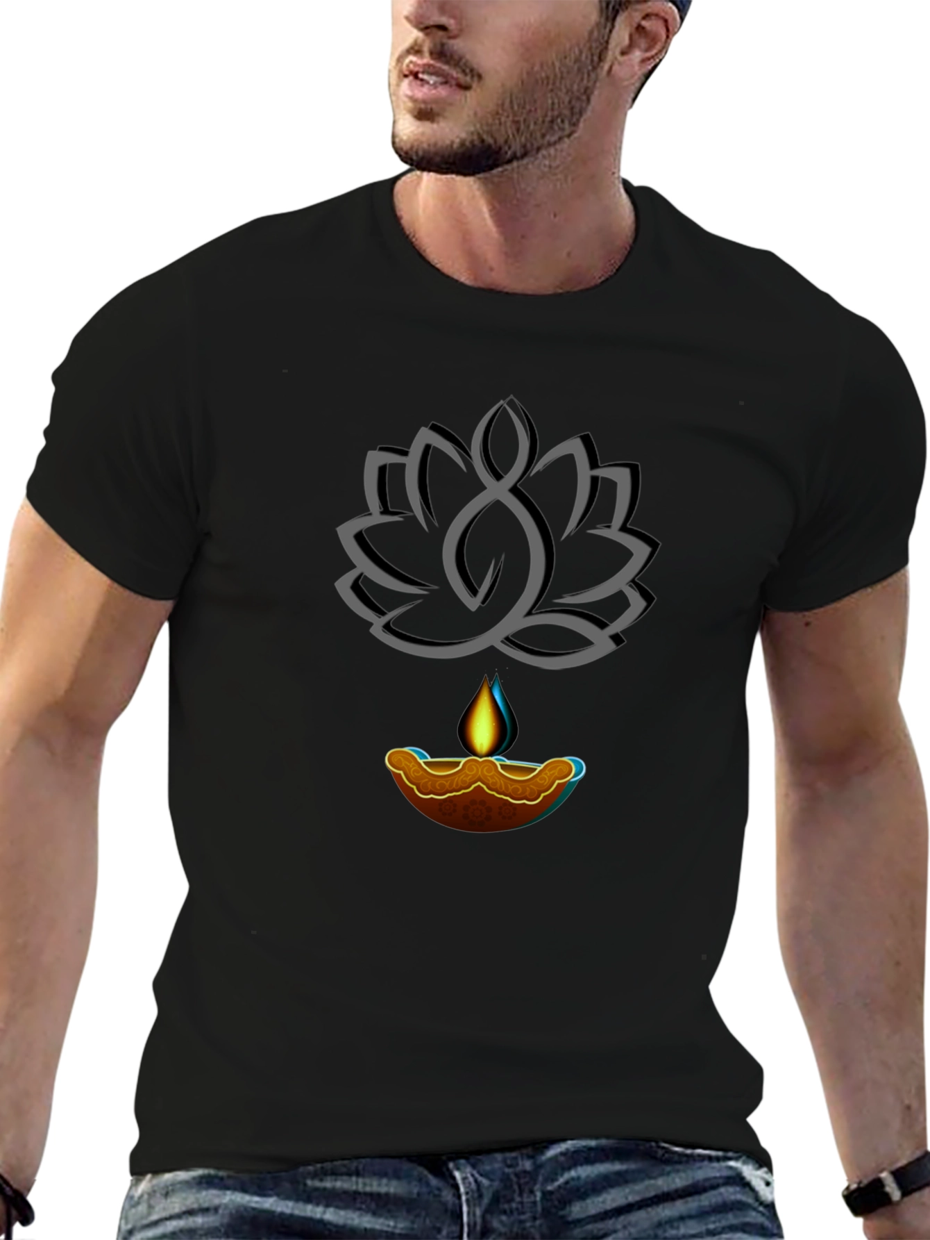 Lotus and Lamp Graphic Black T-Shirt