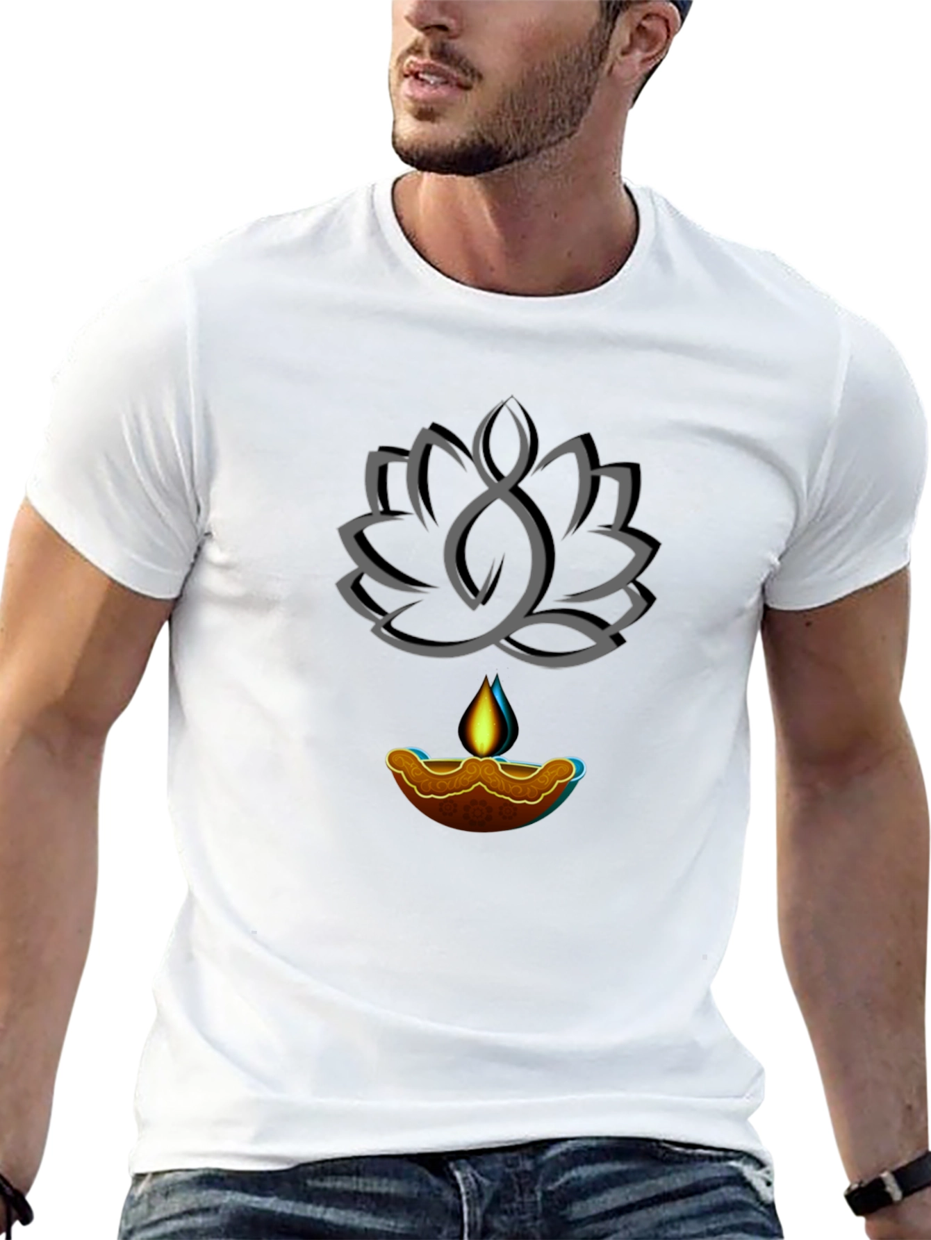 Lotus and Lamp Graphic Black T-Shirt