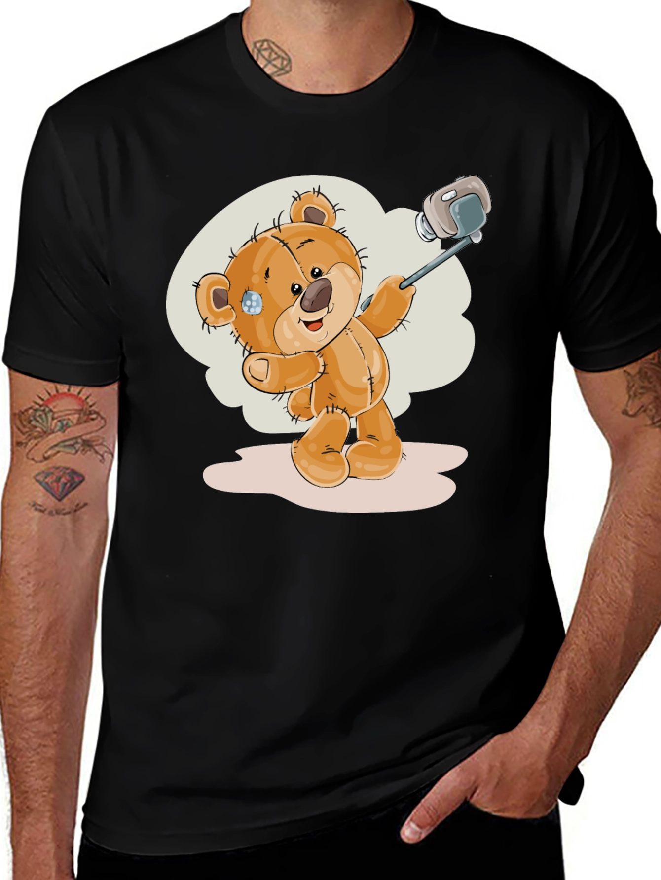 Teddy Bear Selfie T-Shirt - Black Cotton Tee