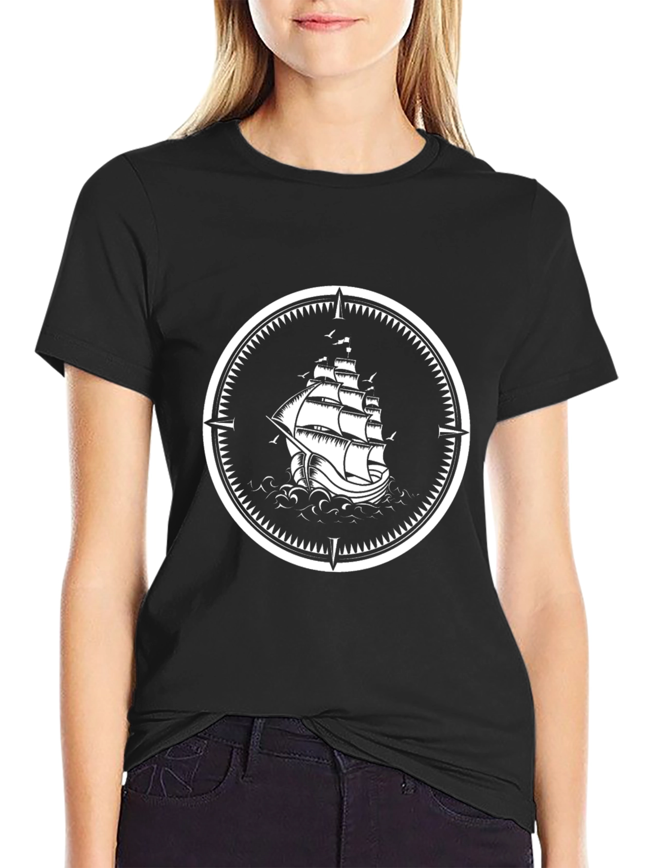 Nautical Sailboat Compass Graphic Black T-Shirt