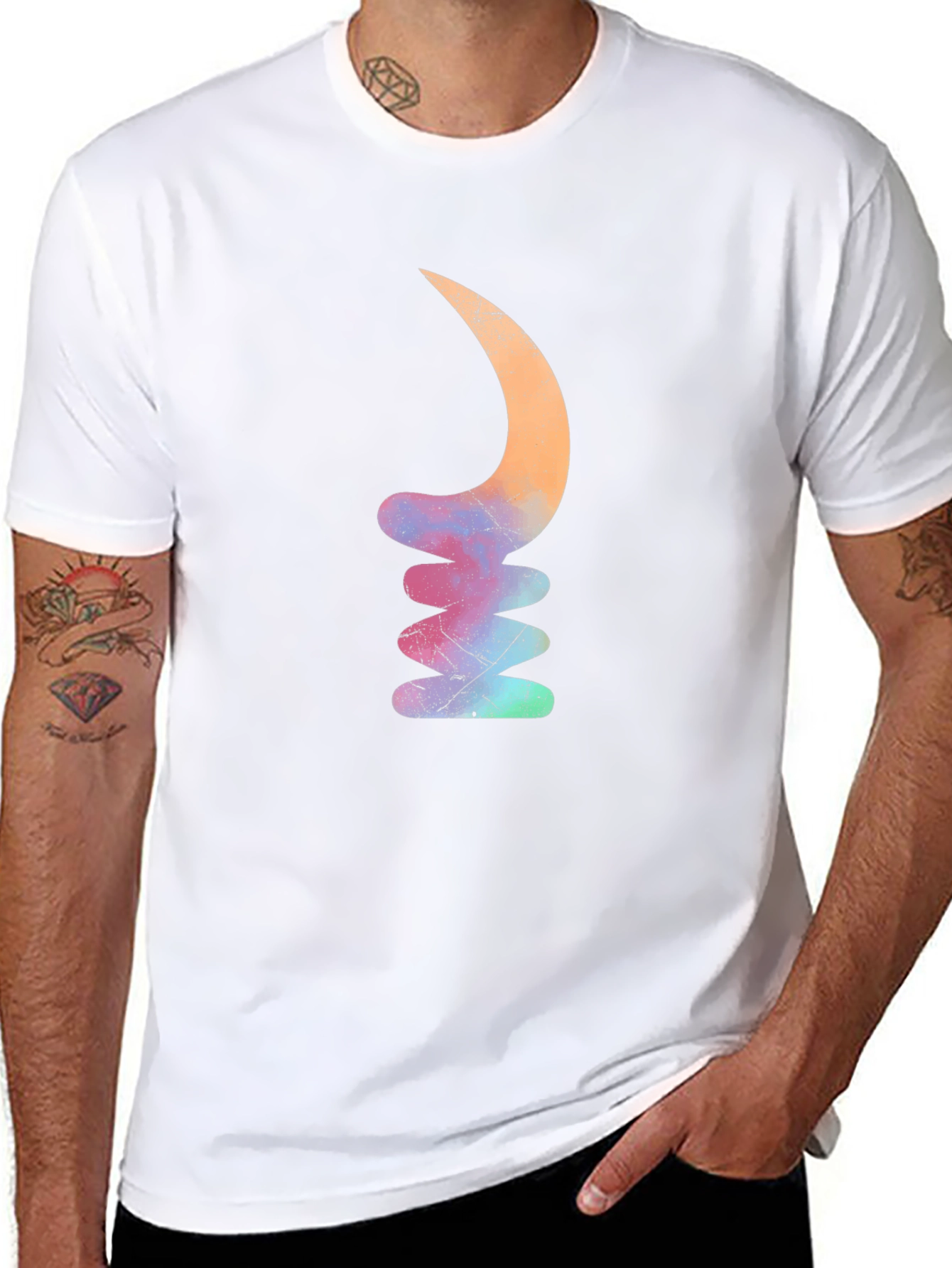 Mens Black T-Shirt with Abstract Crescent Stack Design