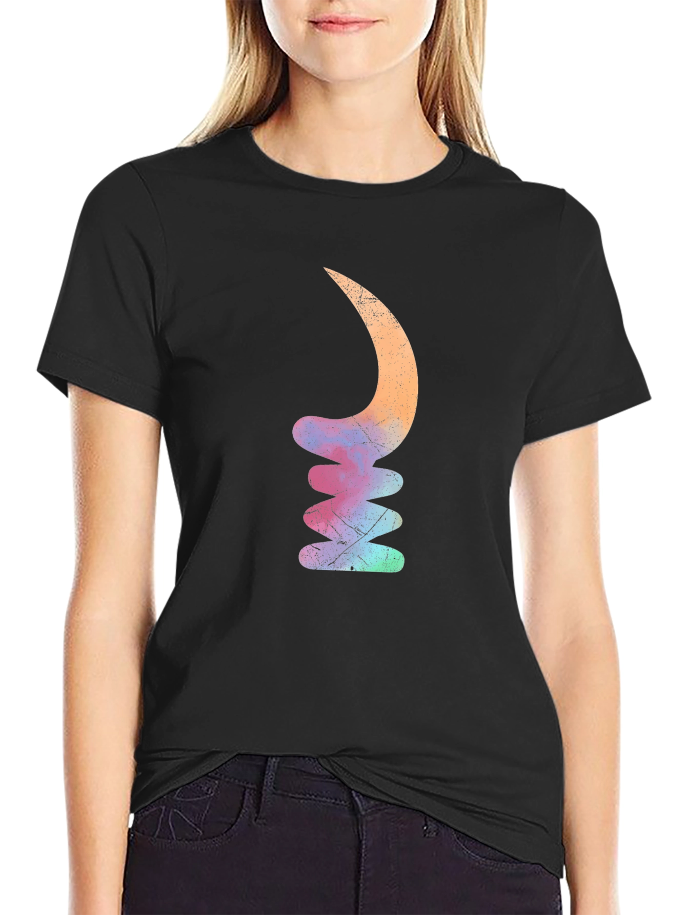 Mens Black T-Shirt with Abstract Crescent Stack Design