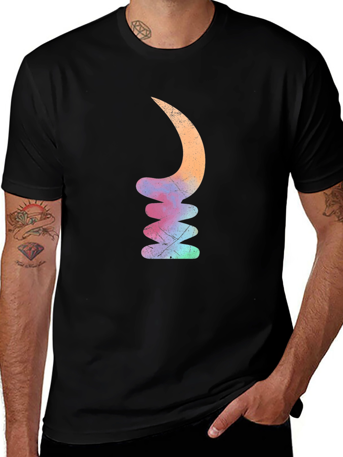 Mens Black T-Shirt with Abstract Crescent Stack Design