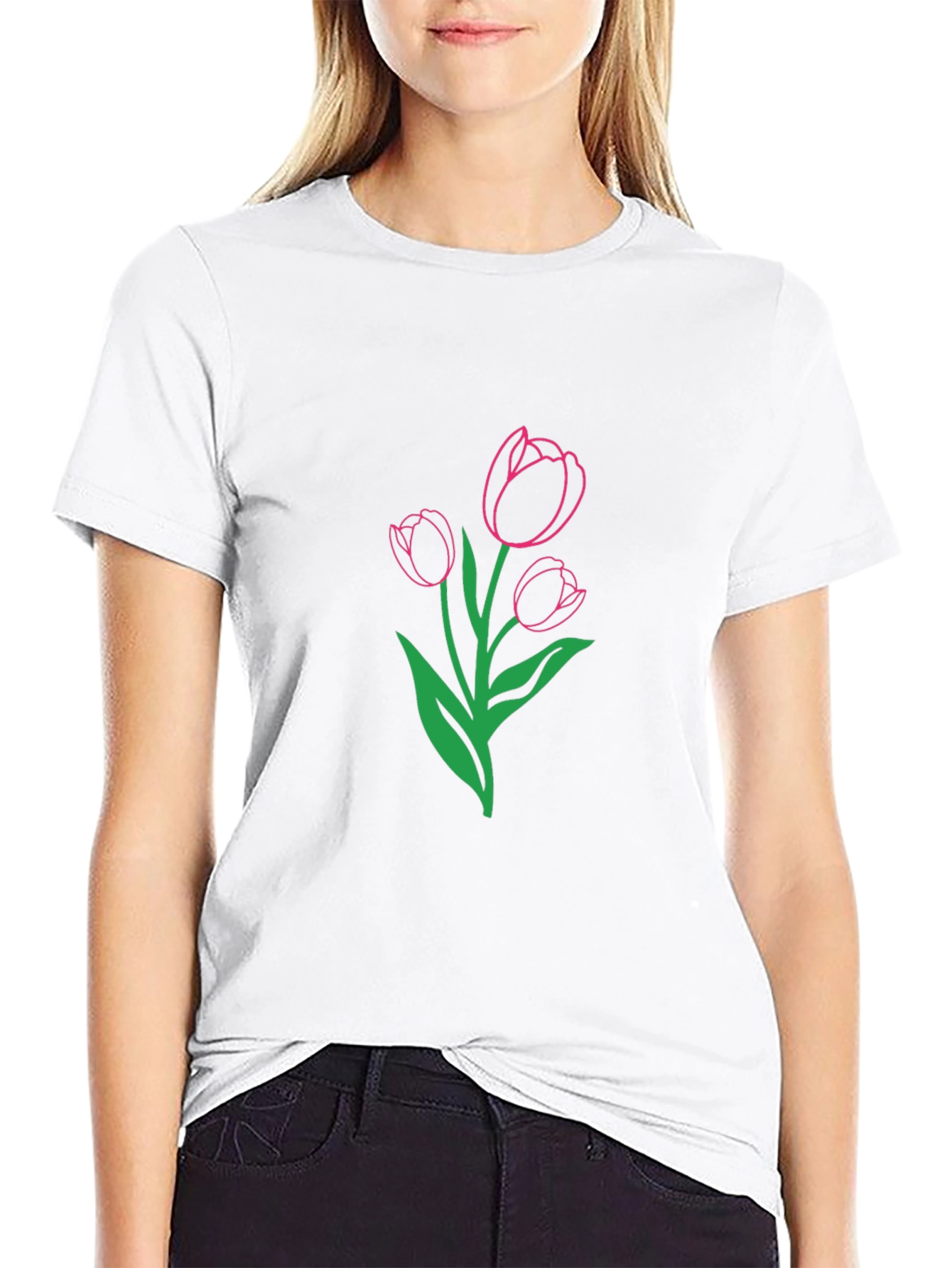 Tulip Outline Graphic Tee - Casual Style