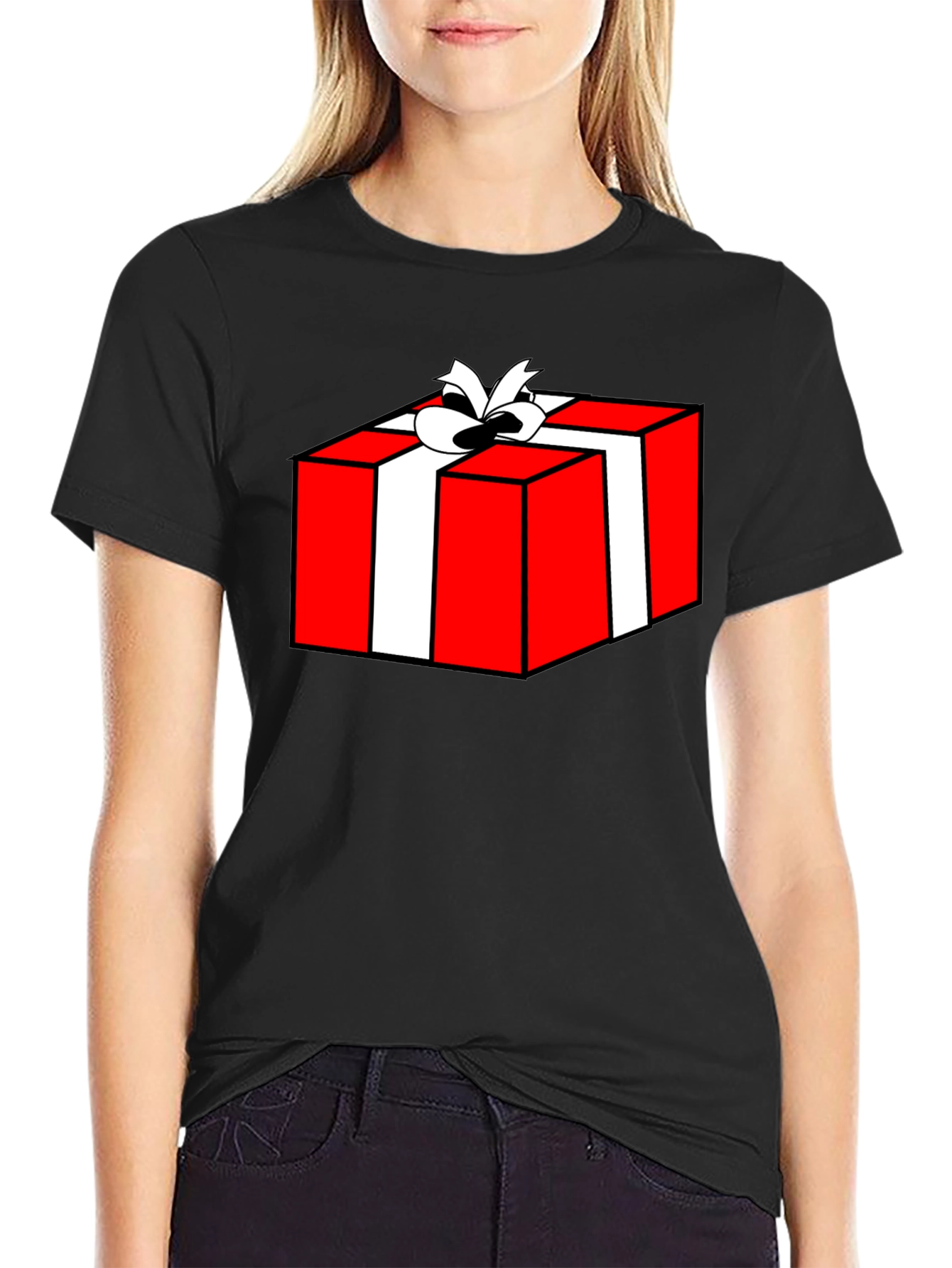 Festive Gift Box Graphic Tee - Black Cotton T-Shirt
