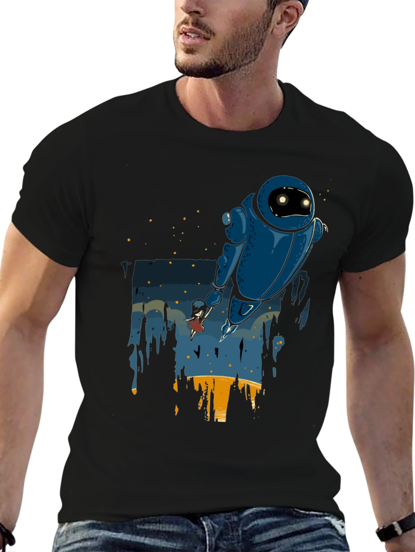 Robot & Girl Graphic Black T-Shirt