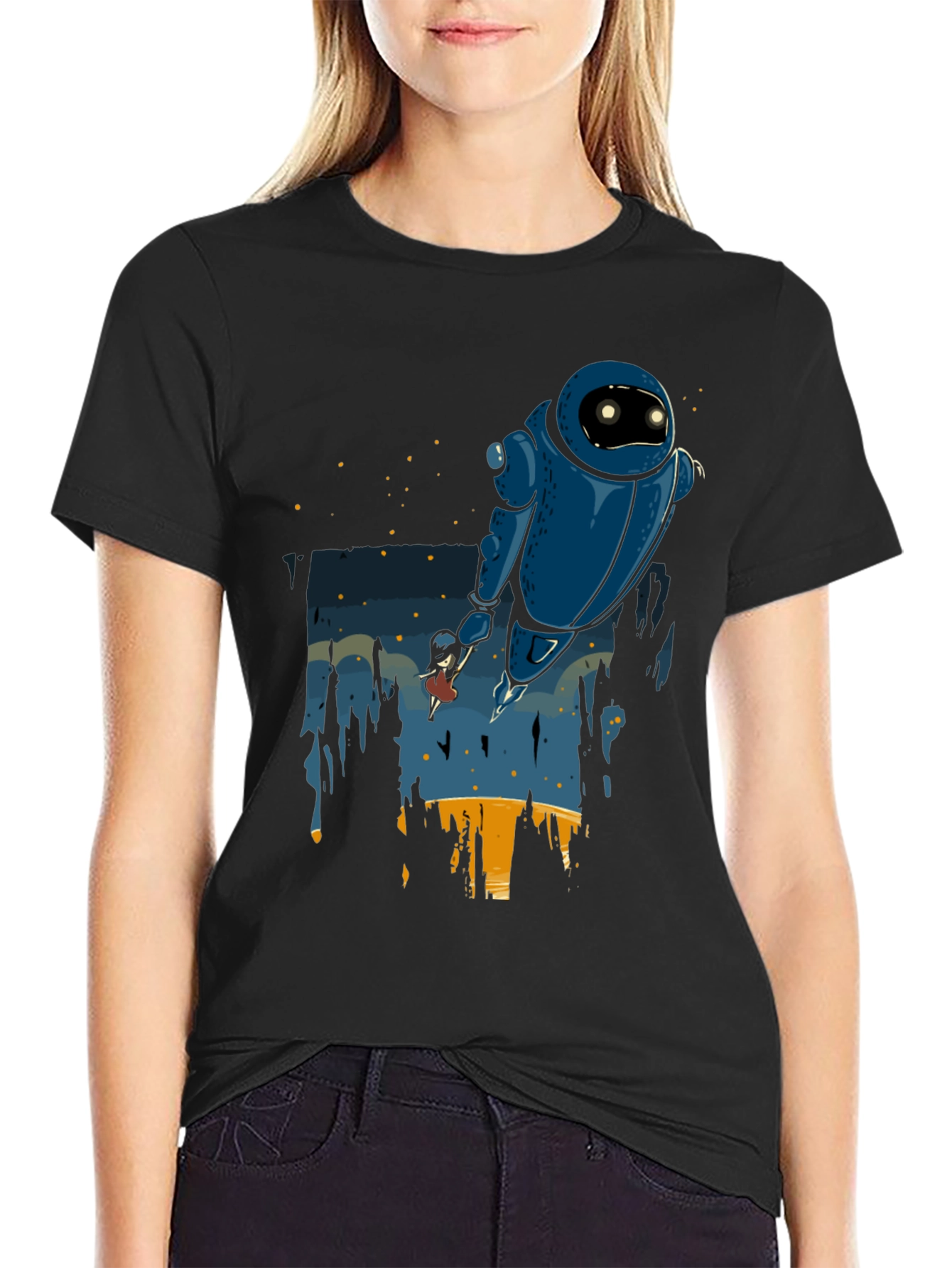 Robot & Girl Graphic Black T-Shirt