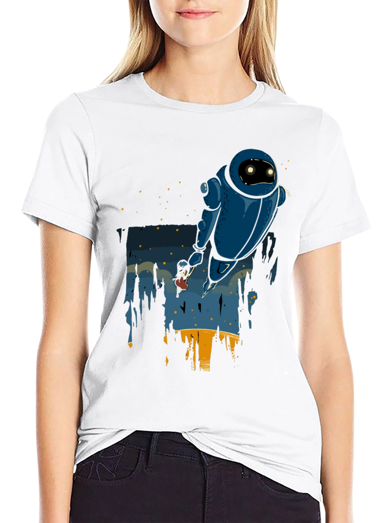 Robot & Girl Graphic Black T-Shirt