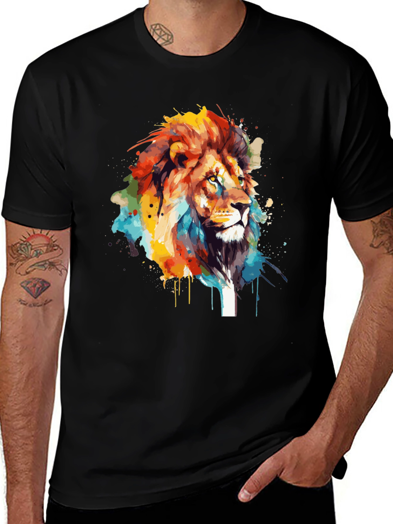 Lion Art Print Mens Black T-Shirt