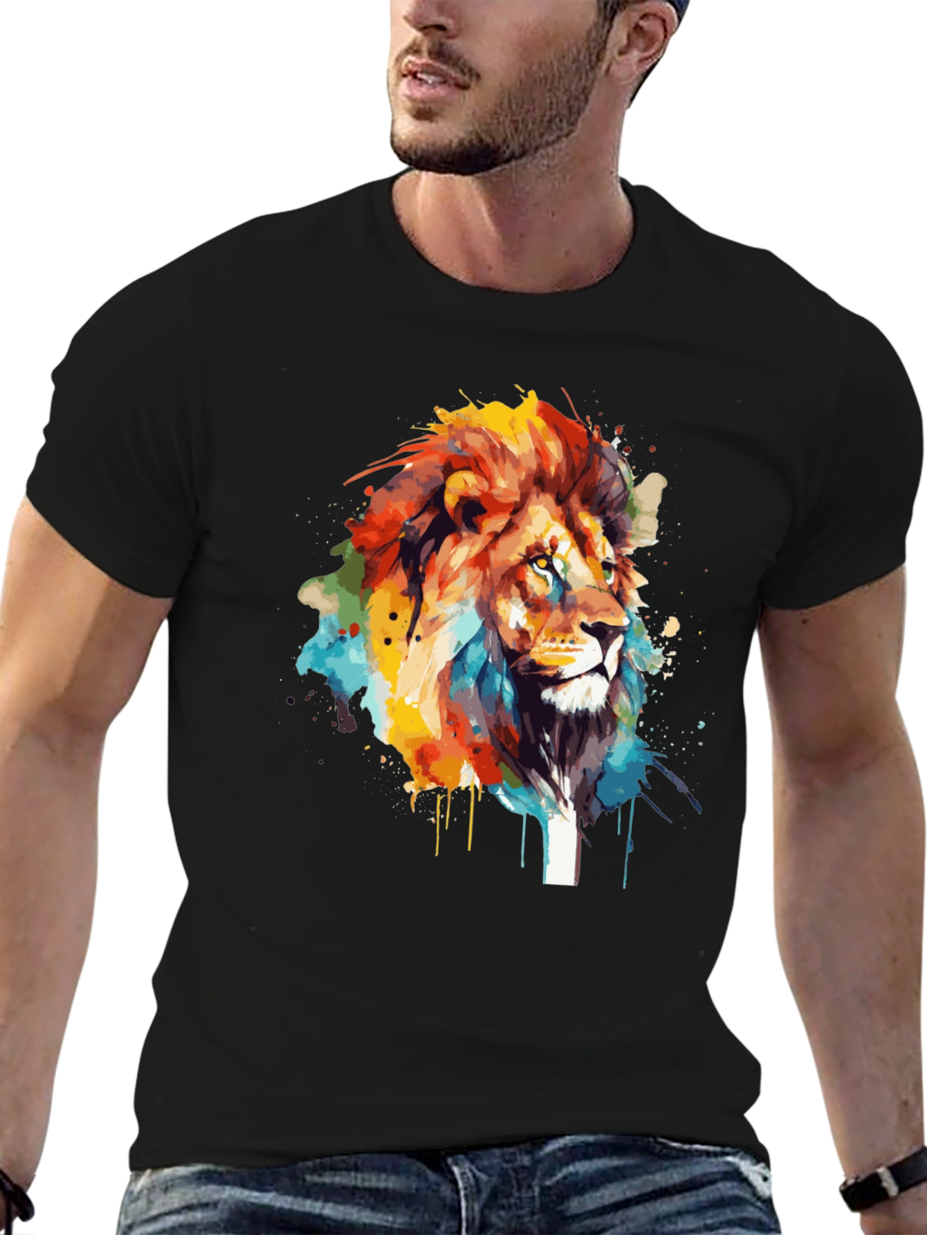 Lion Art Print Mens Black T-Shirt