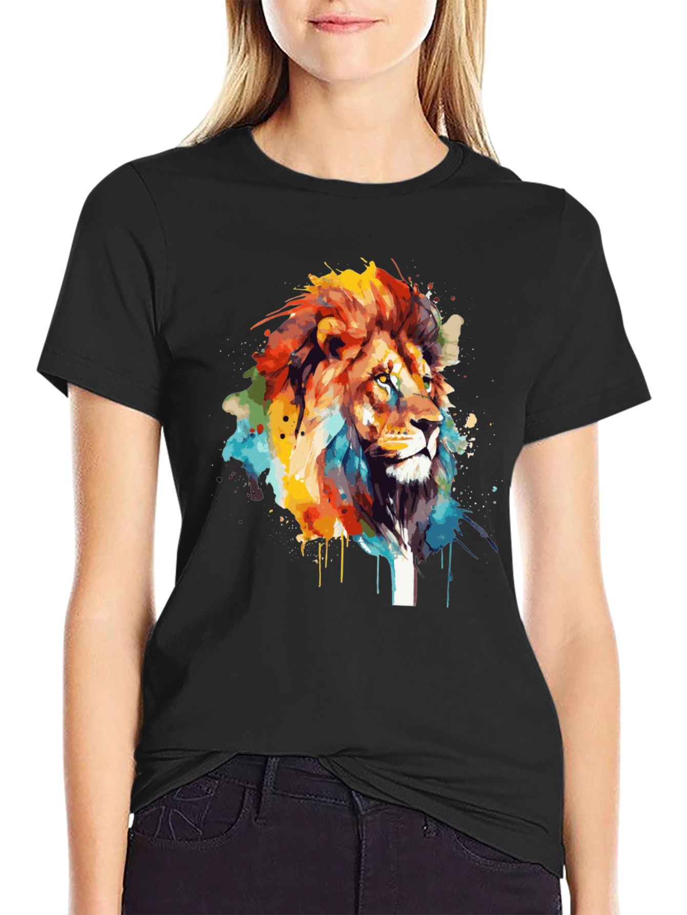 Lion Art Print Mens Black T-Shirt