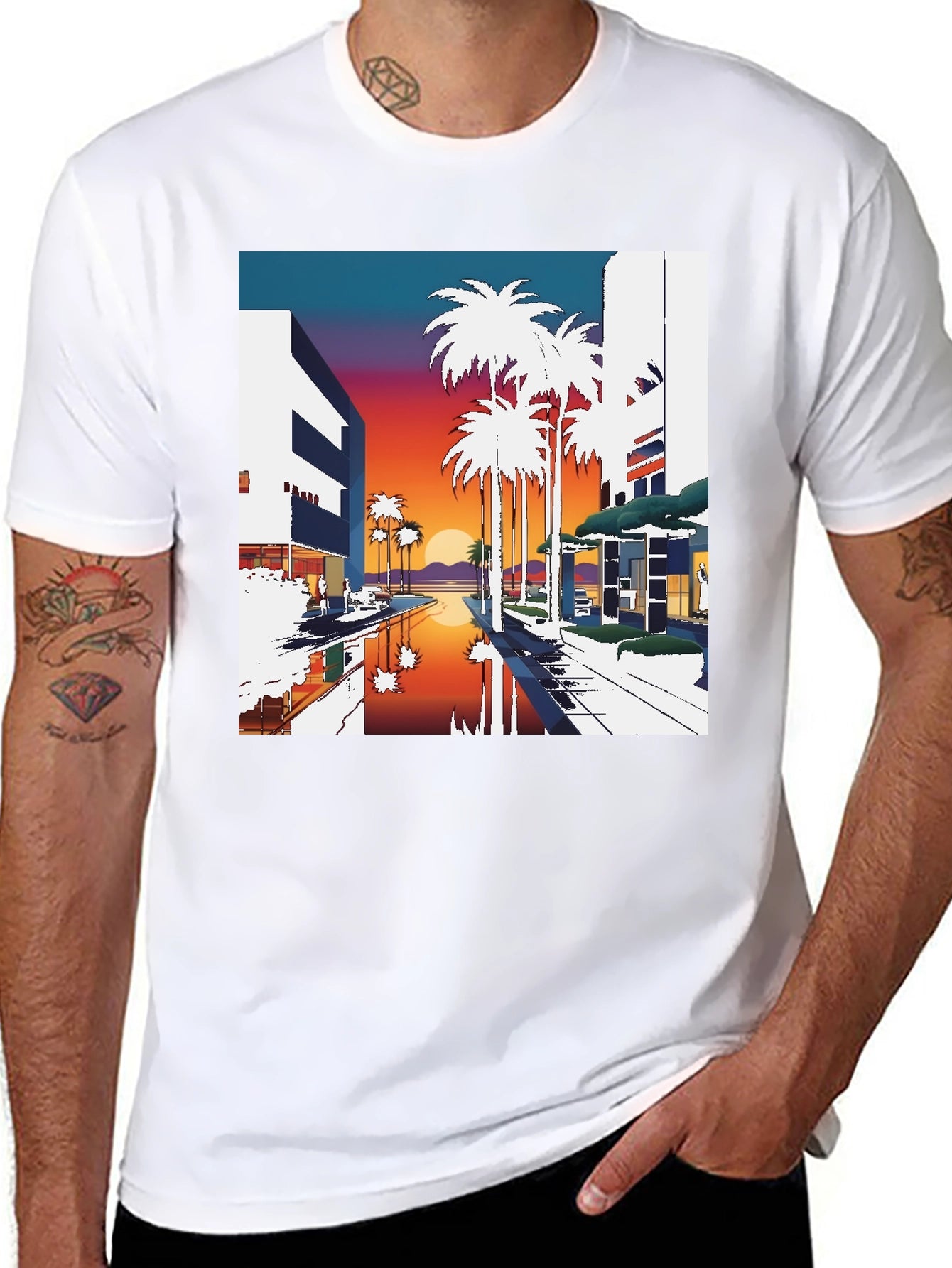 Sunset Palm T-Shirt - Retro Miami Beach Style