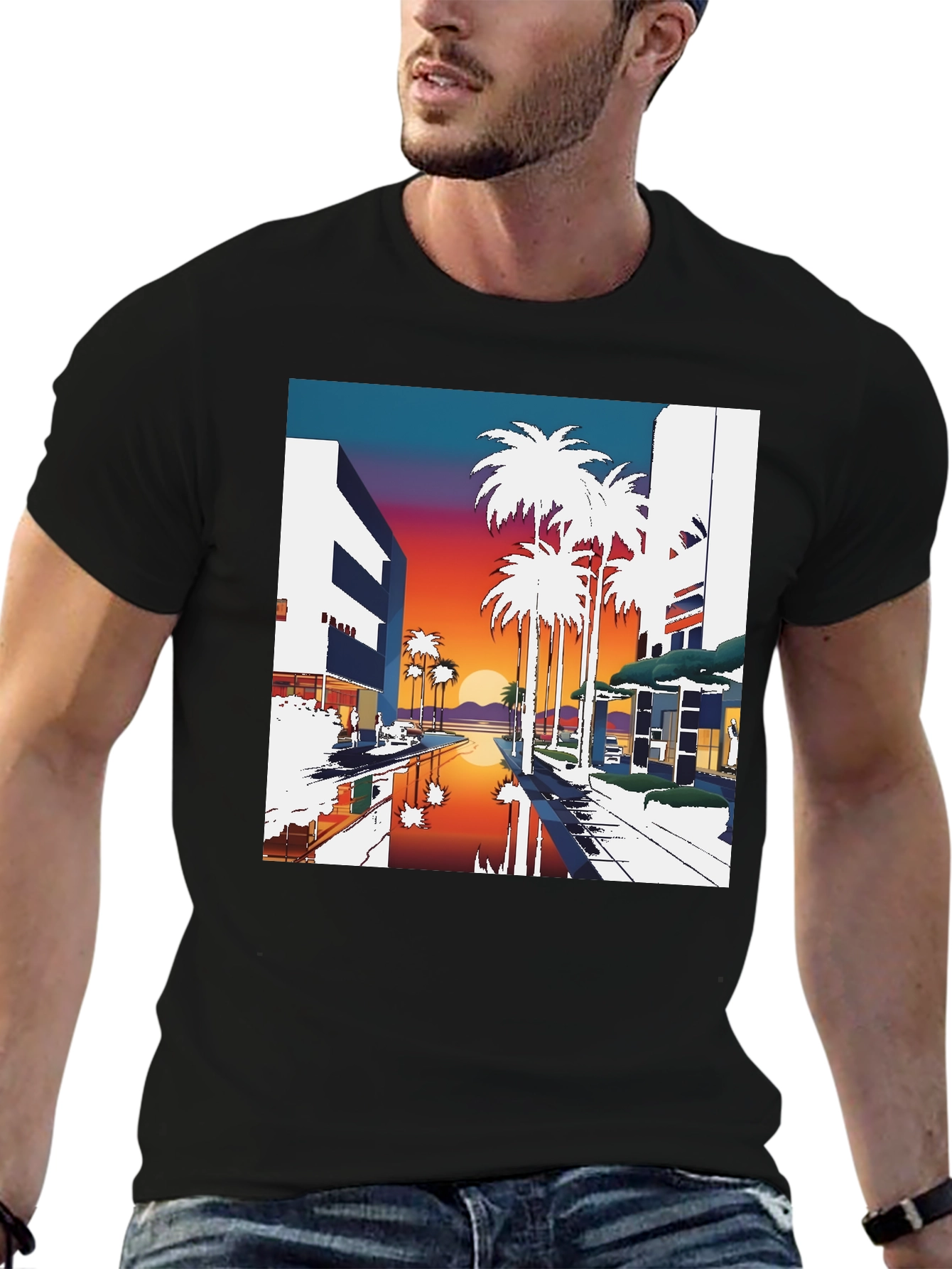Sunset Palm T-Shirt - Retro Miami Beach Style