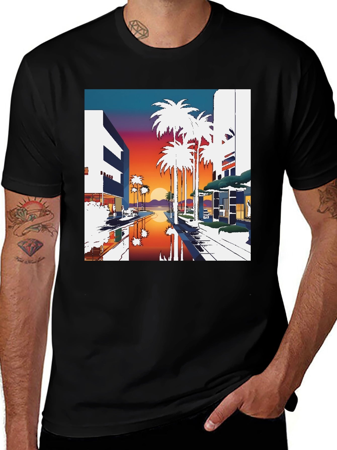 Sunset Palm T-Shirt - Retro Miami Beach Style