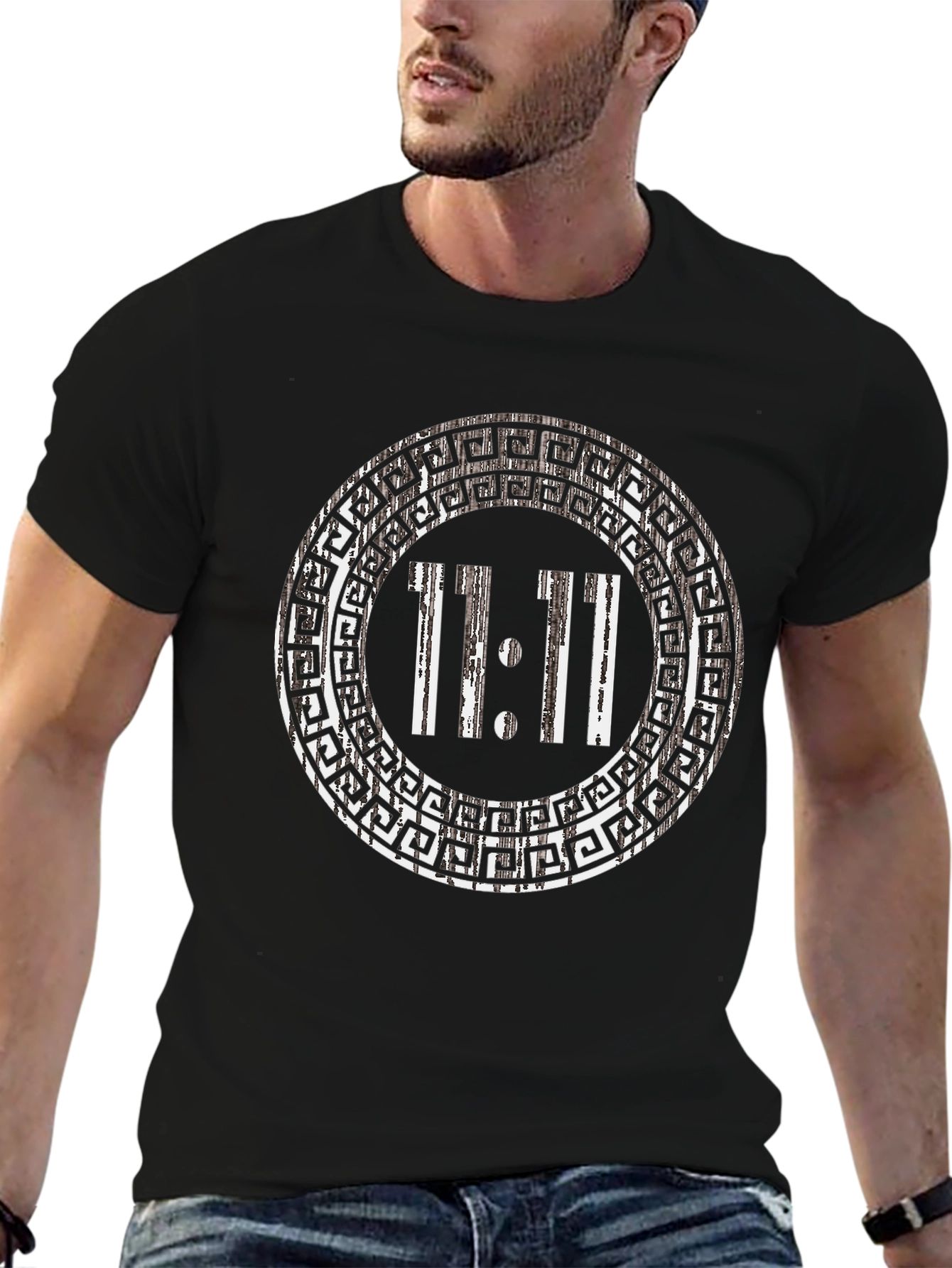 11:11 Greek Key Circle Black T-Shirt