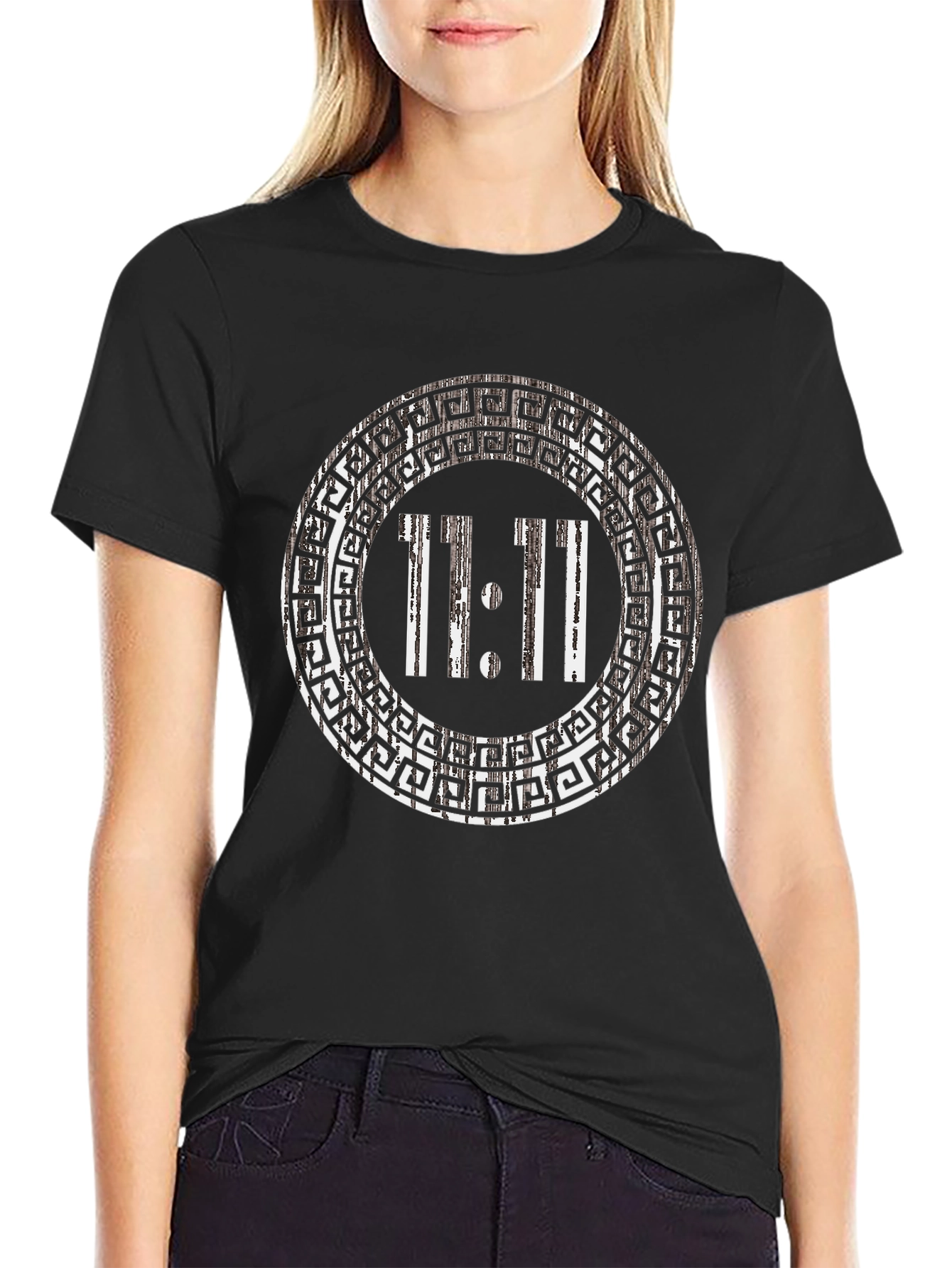 11:11 Greek Key Circle Black T-Shirt