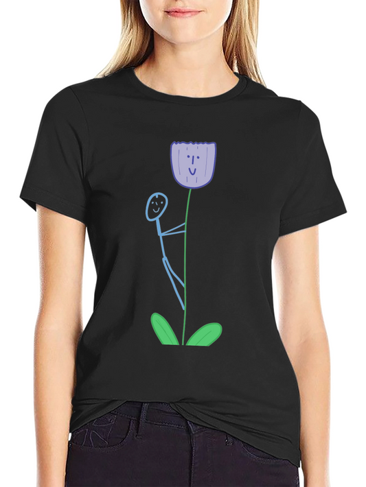 Whimsical Flower Graphic Tee - Black Cotton T-Shirt
