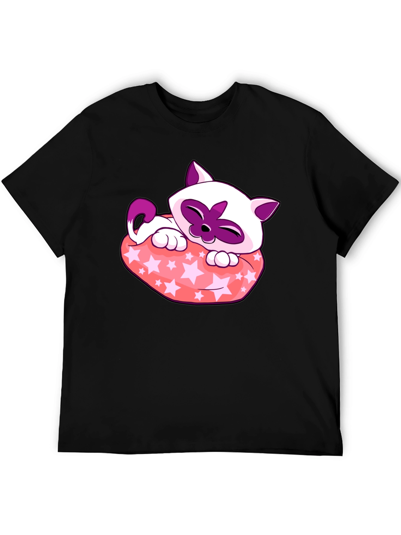 Cute Cartoon Cat Star Pillow Black T-Shirt