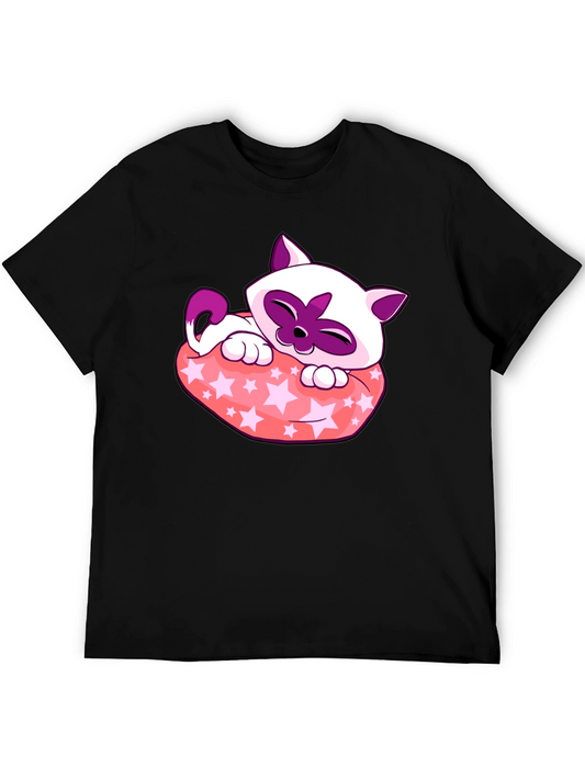 Cute Cartoon Cat Star Pillow Black T-Shirt