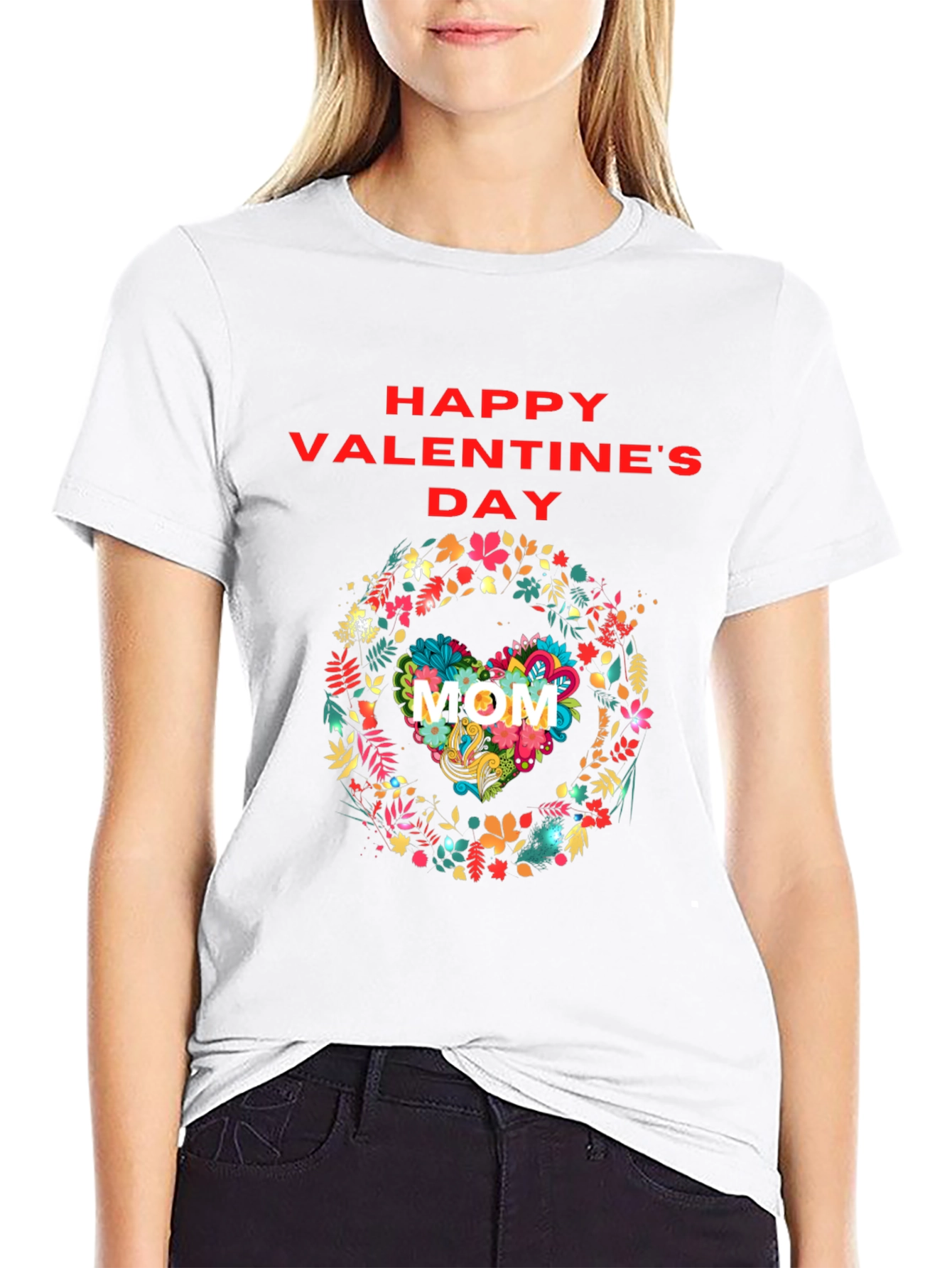 Floral Heart Mom Valentines Day Black T-Shirt