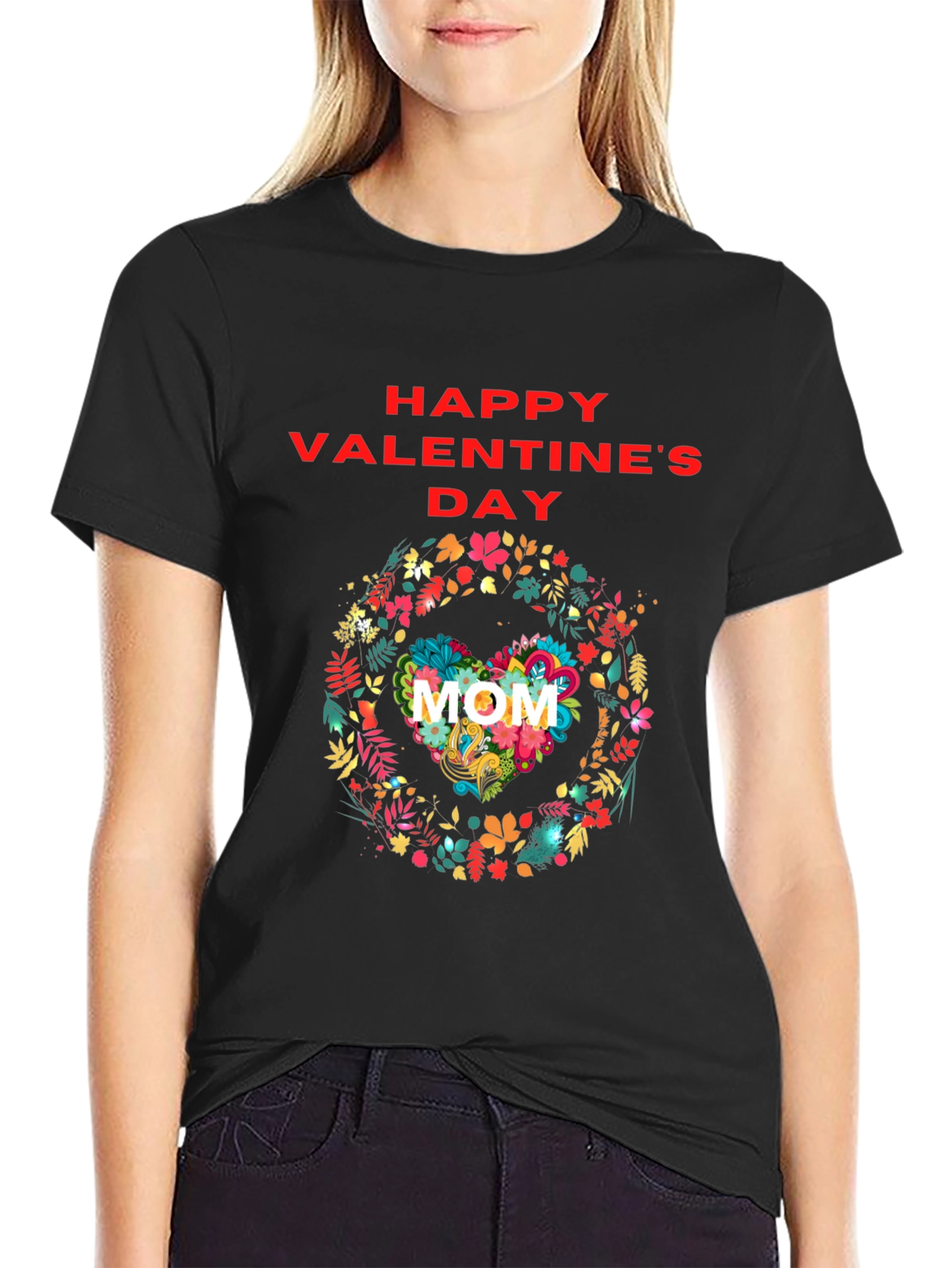 Floral Heart Mom Valentines Day Black T-Shirt