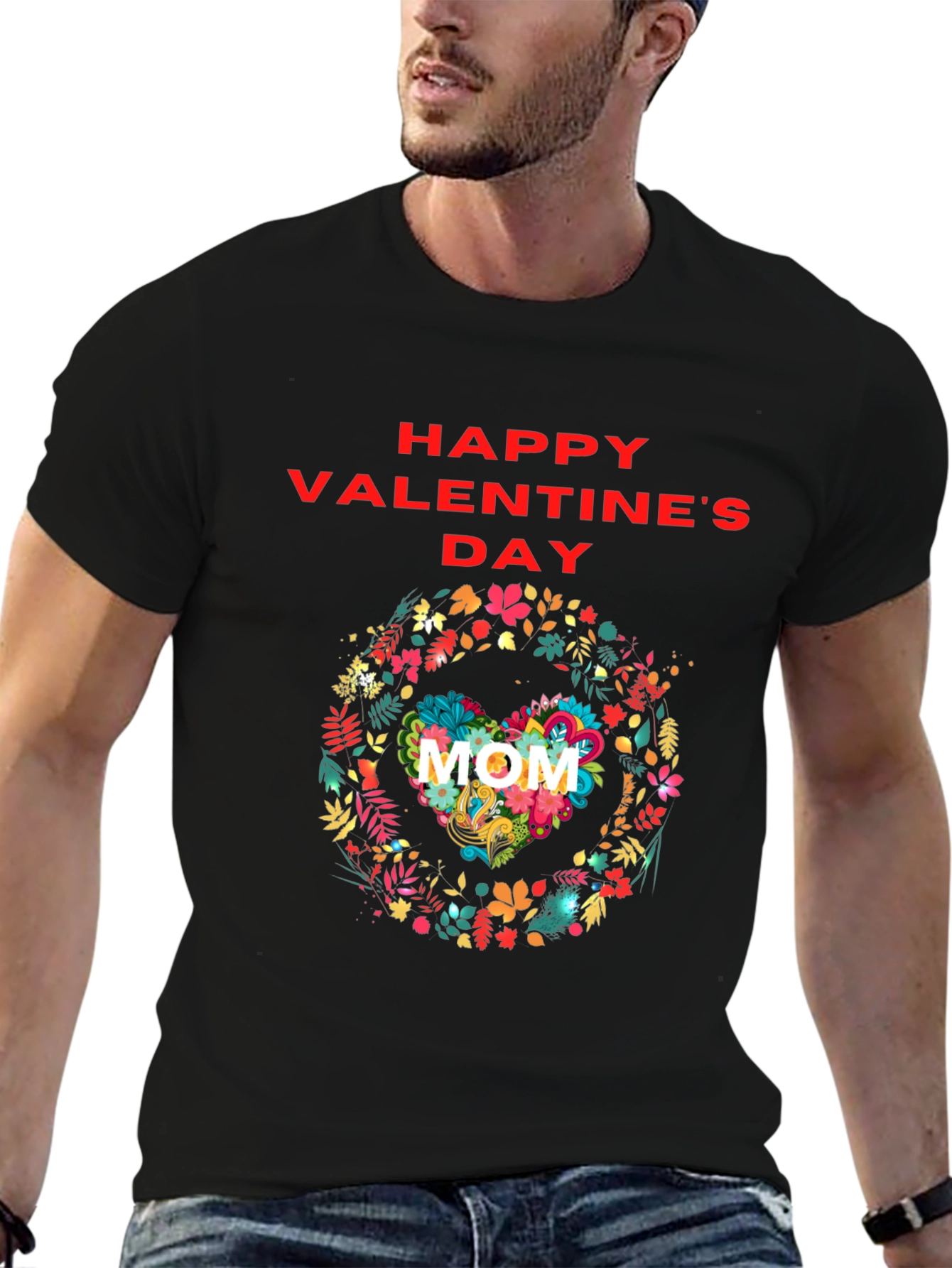 Floral Heart Mom Valentines Day Black T-Shirt