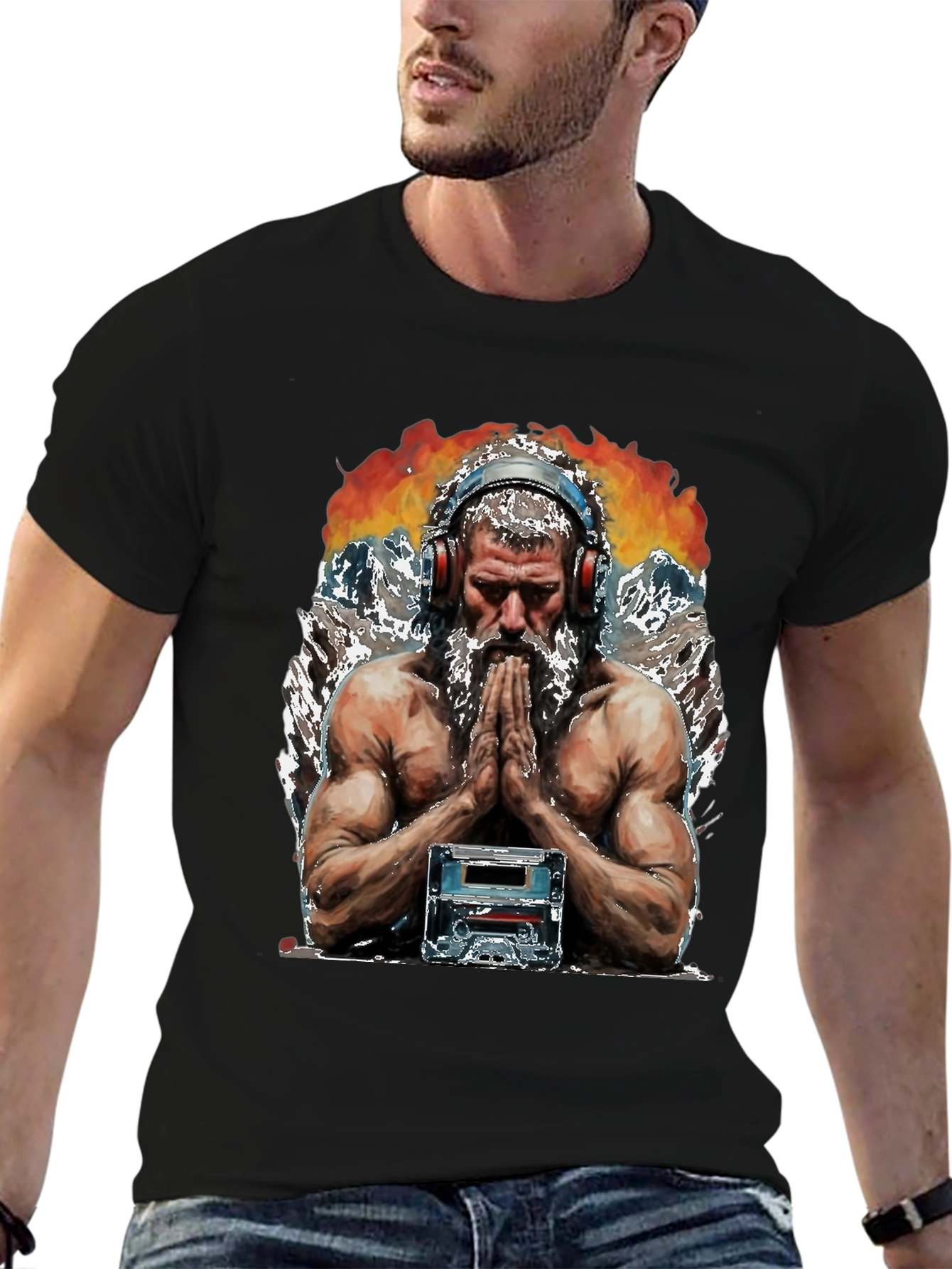 Retro Cassette Tape Muscular Man Black T-Shirt