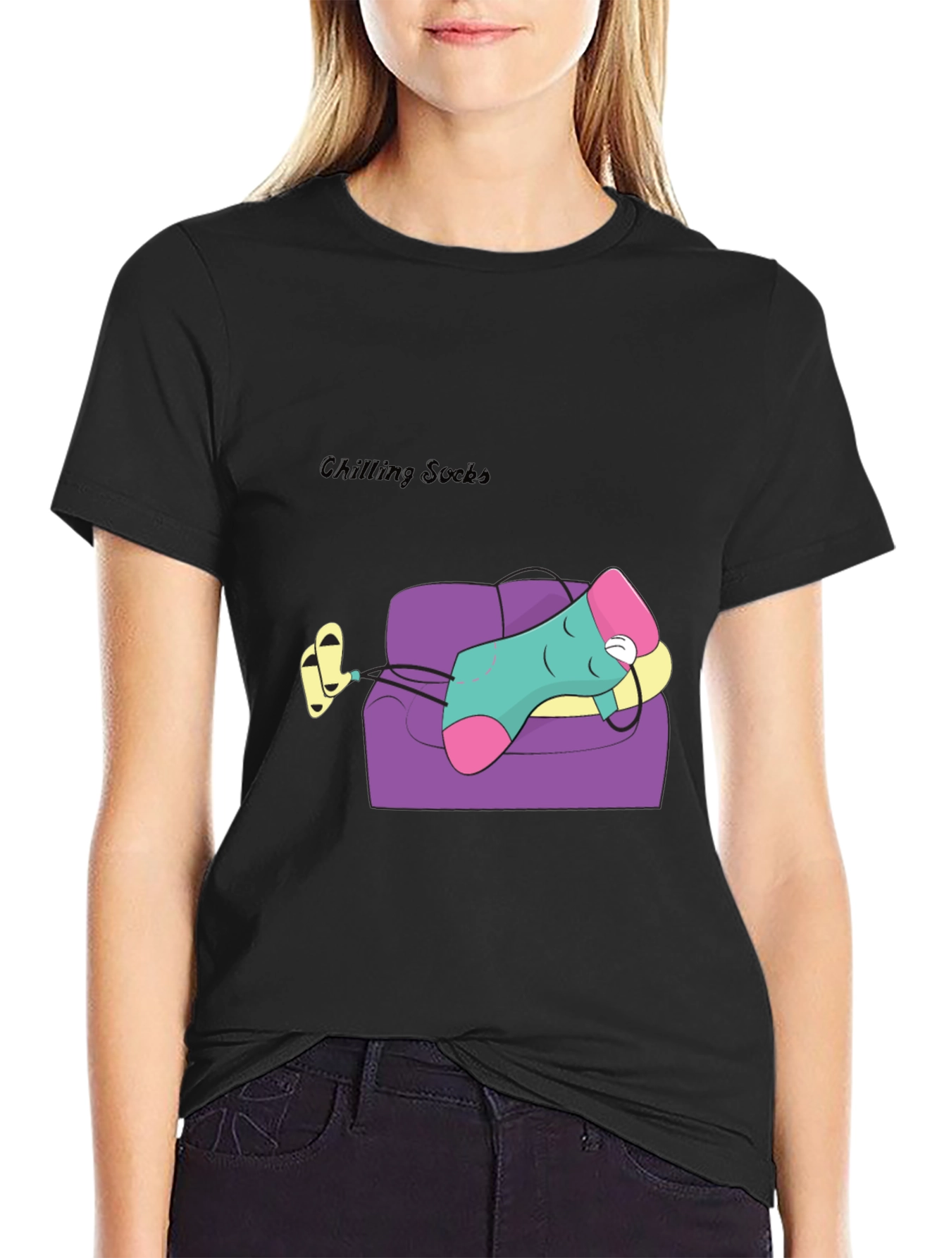 Chilling Socks Cartoon Graphic Tee - Relaxed Fit