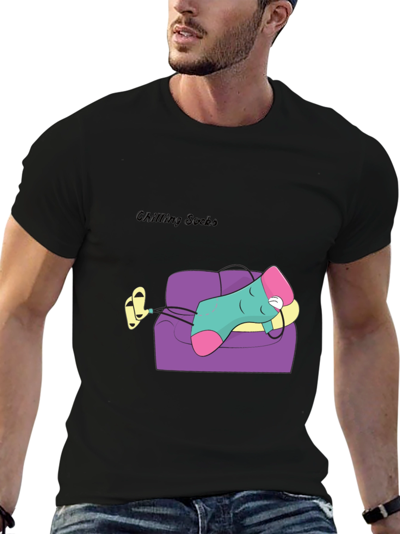 Chilling Socks Cartoon Graphic Tee - Relaxed Fit