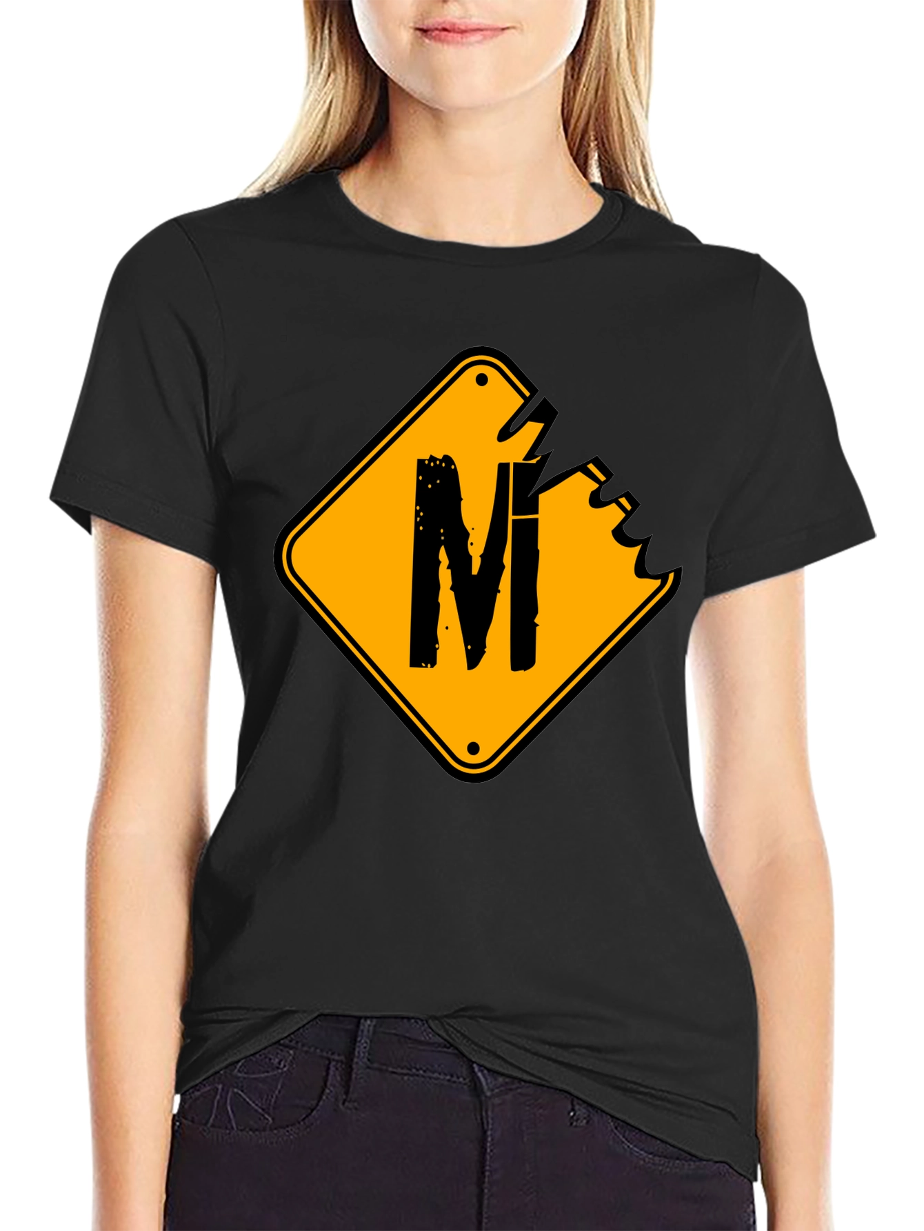 Mens Black T-Shirt with Road Sign M