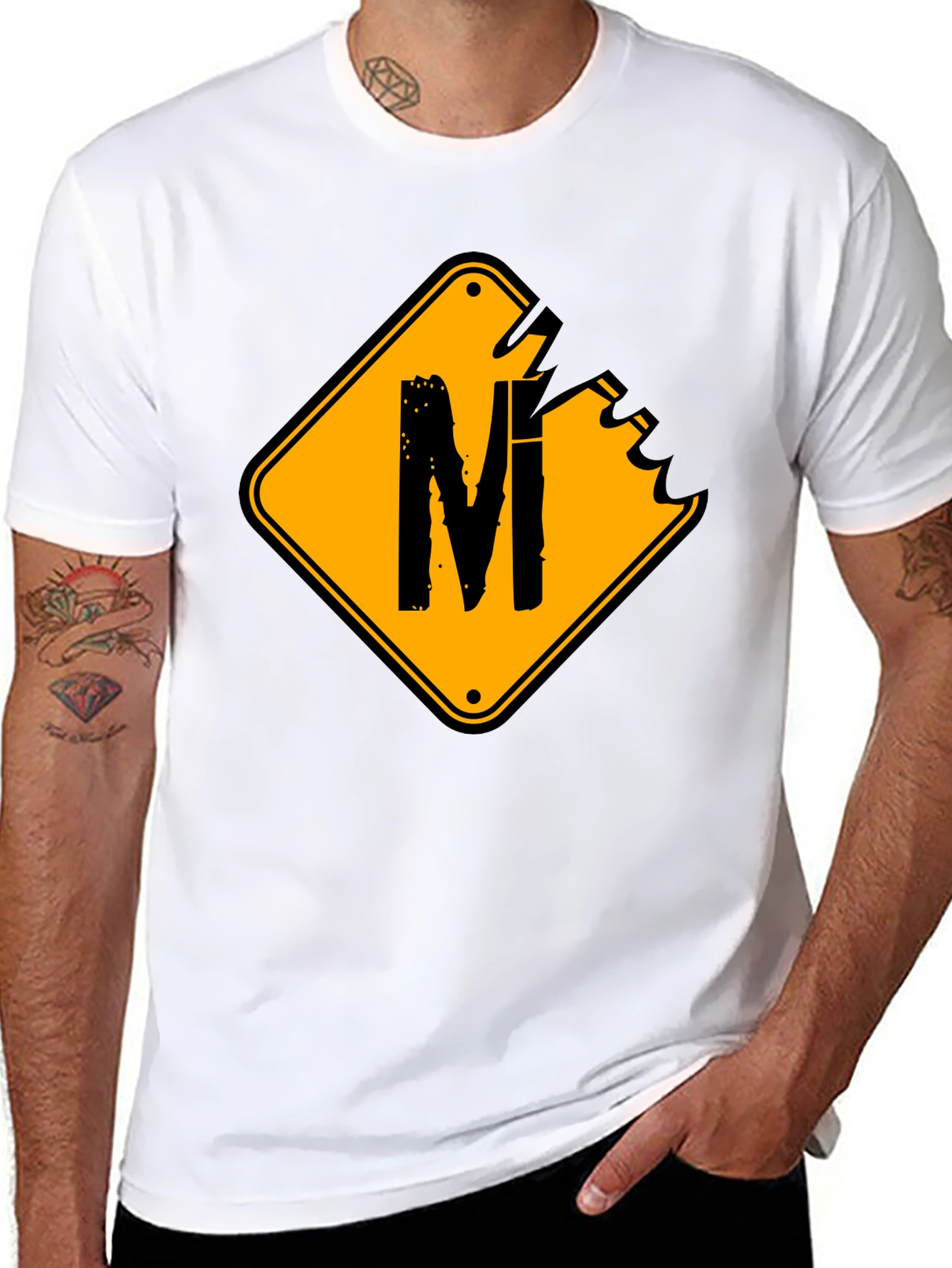 Mens Black T-Shirt with Road Sign M