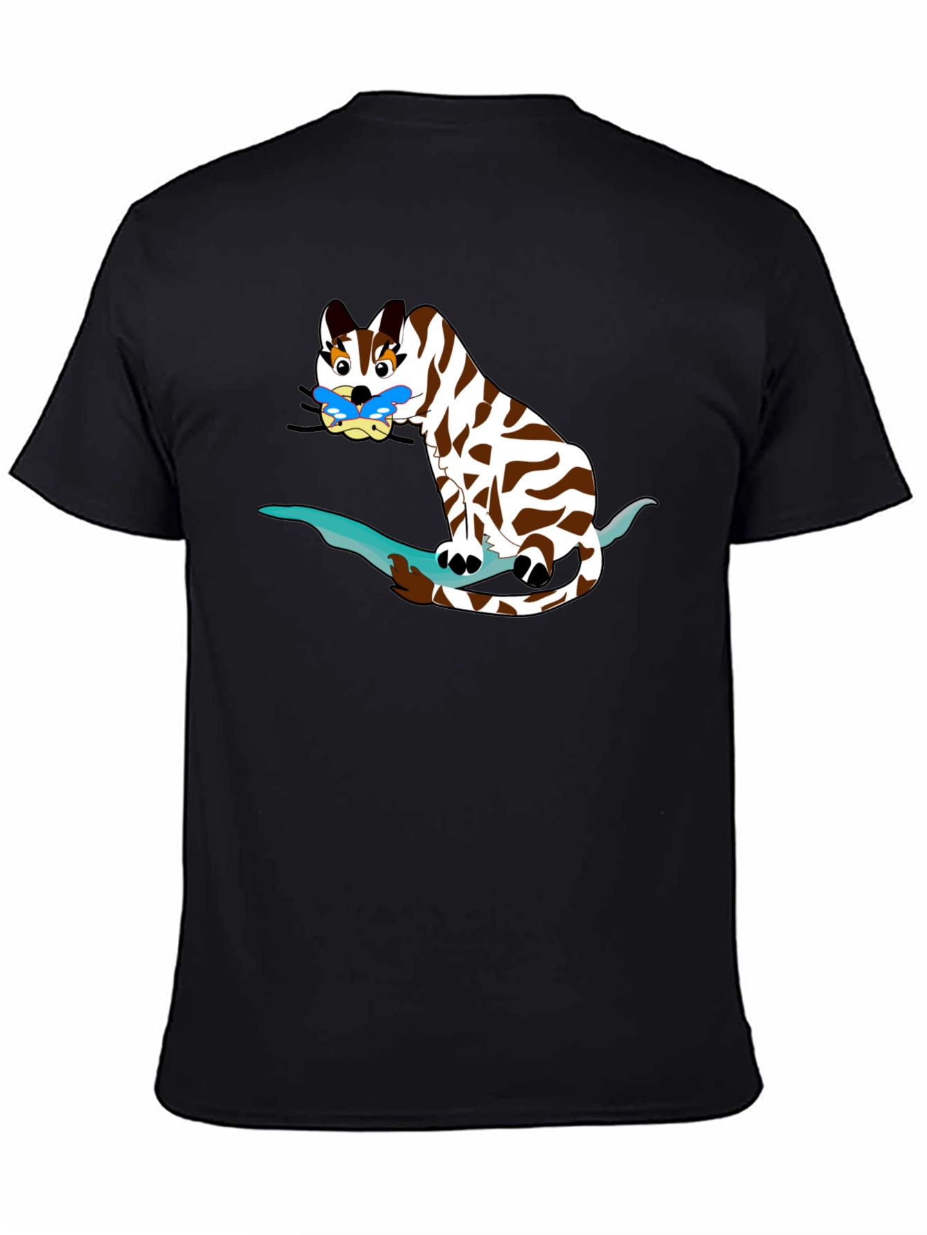 Cartoon Cat on Branch Black T-Shirt