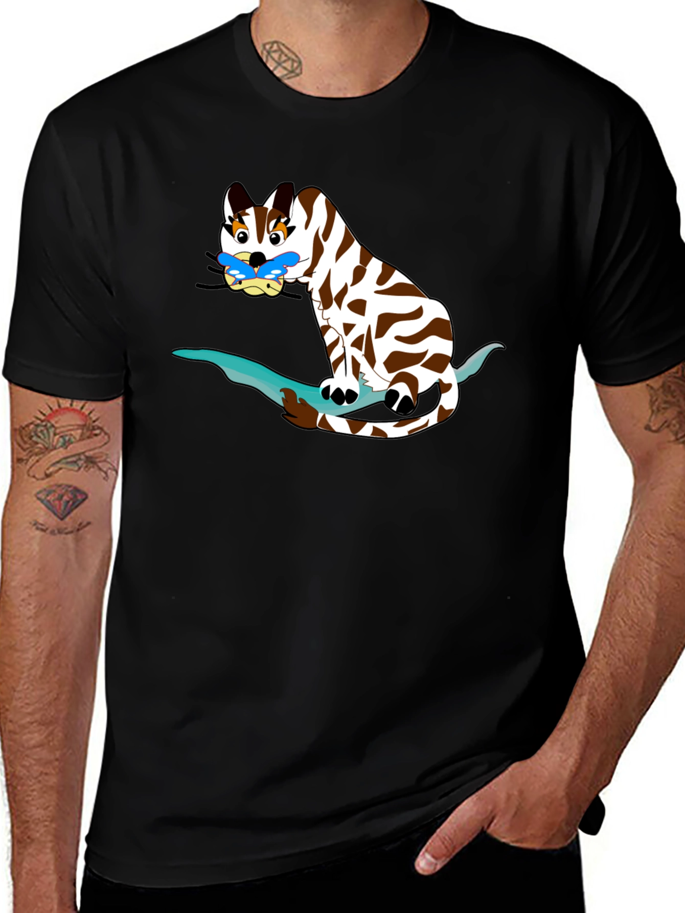 Cartoon Cat on Branch Black T-Shirt