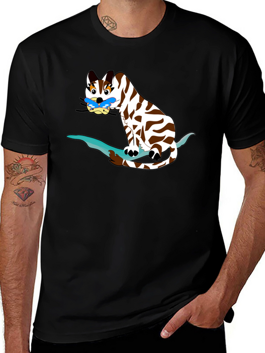 Cartoon Cat on Branch Black T-Shirt