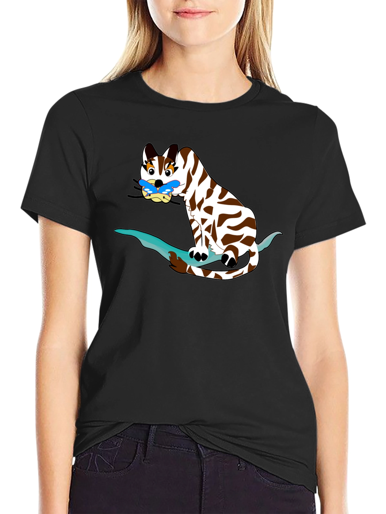Cartoon Cat on Branch Black T-Shirt